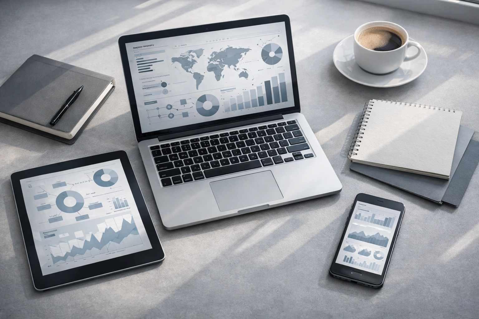 Programmatic advertising workspace showing display campaign data across multiple devices