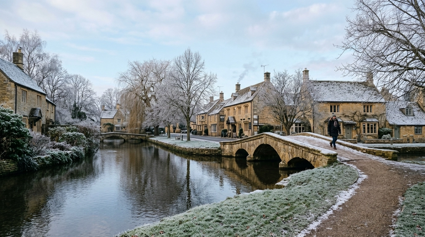 A peaceful winter scene in Bourton-on-the-Water with stone bridges, the River Windrush and honey-coloured buildings under a pale sky.