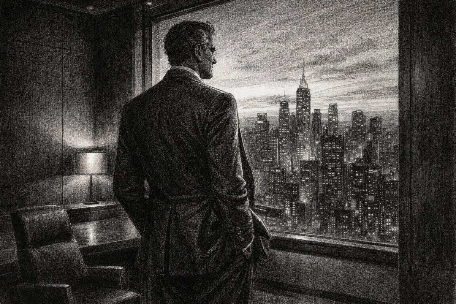 Distinguished gentleman in tailored bespoke suit overlooking city skyline at executive office window