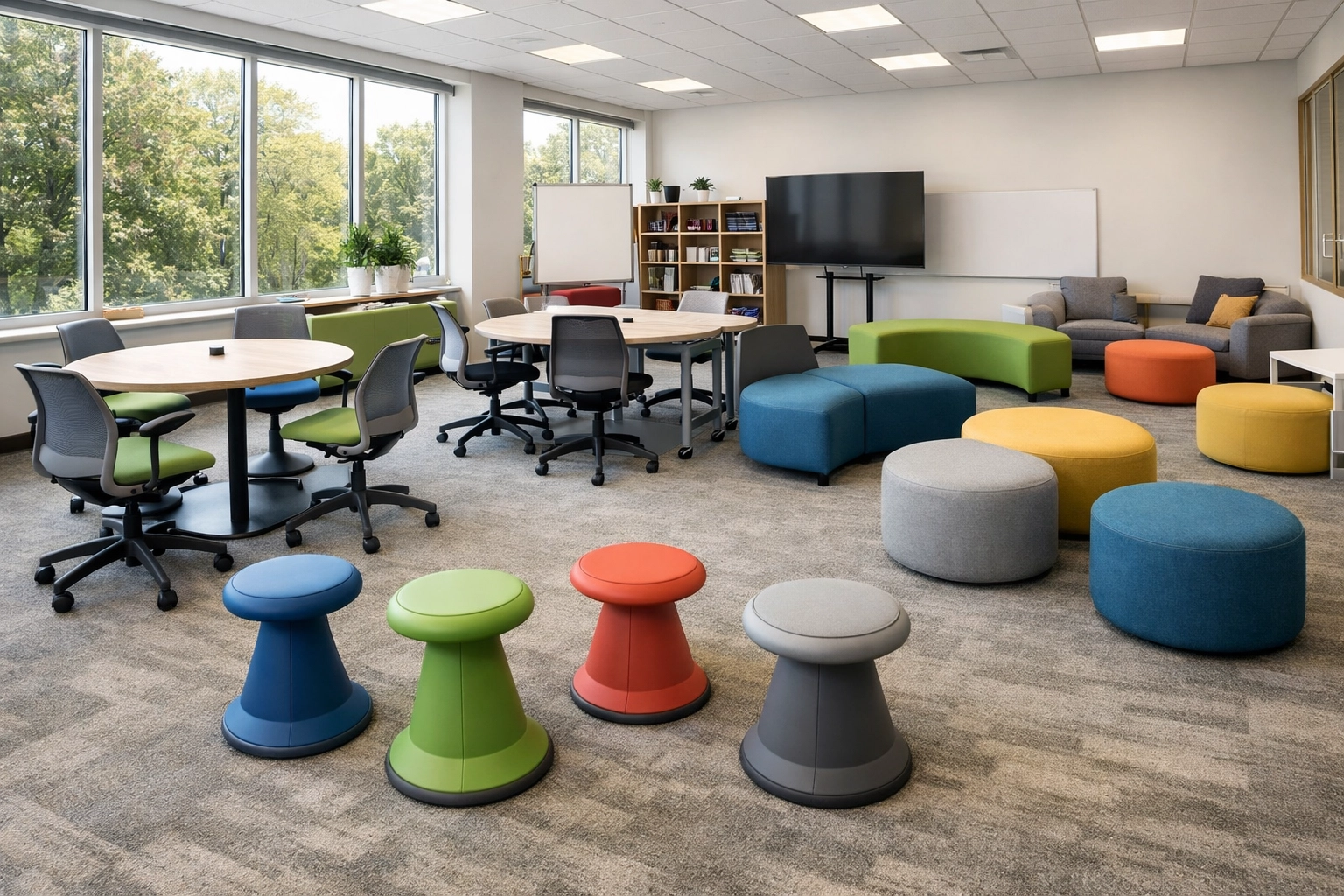 Vibrant flexible classroom seating with student desks in a modern classroom