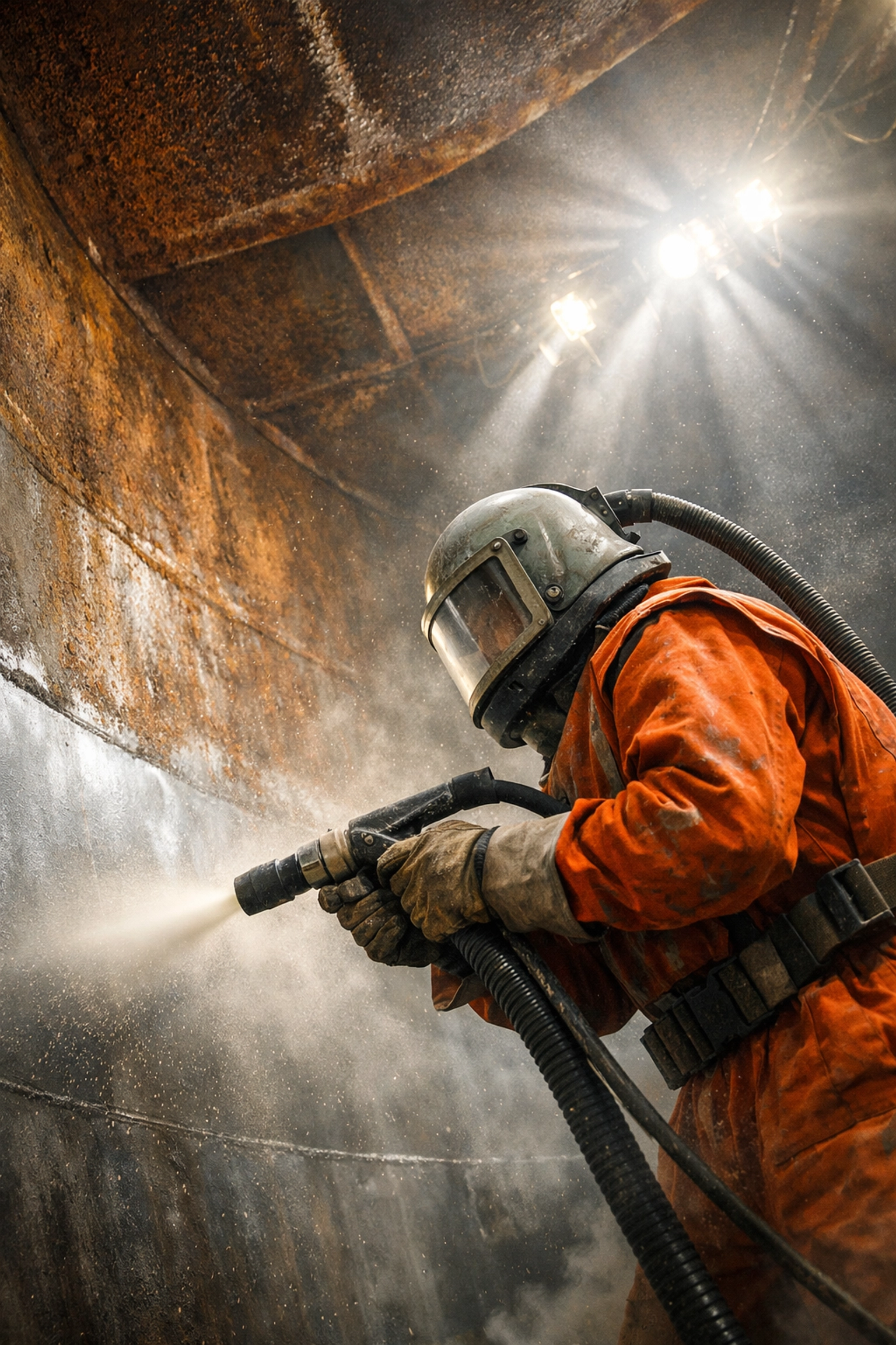Industrial blasting specialist performing abrasive blasting inside steel tank with protective gear
