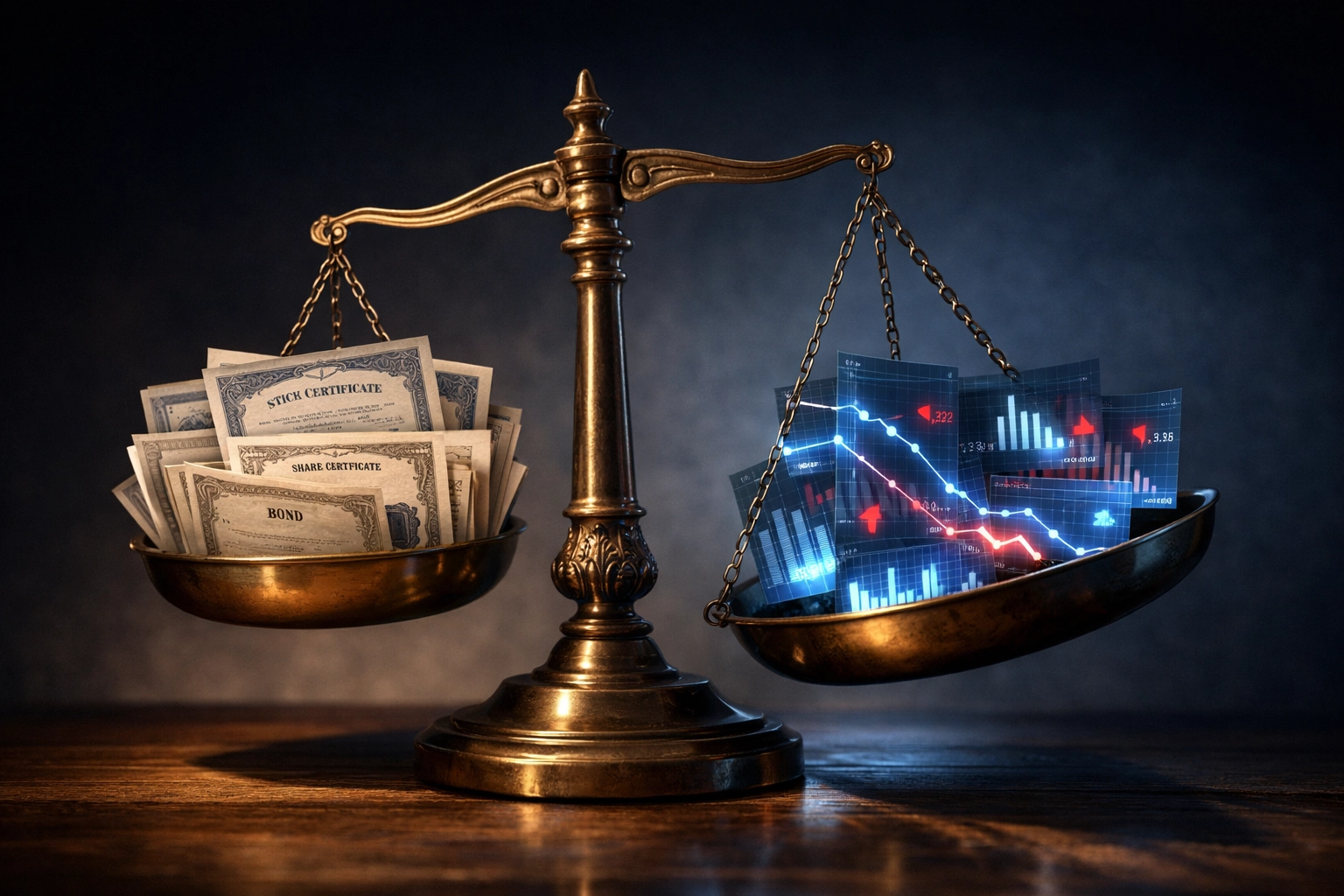 Traditional 60/40 portfolio balance scale tipping showing decline of stocks and bonds diversification