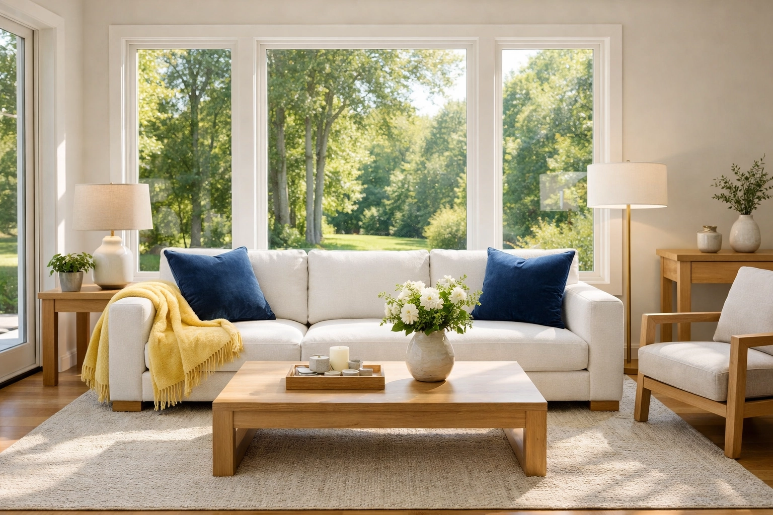 A spotless, eco-friendly living room in Wellesley MA after professional house cleaning by The Cleaning Ninjas.