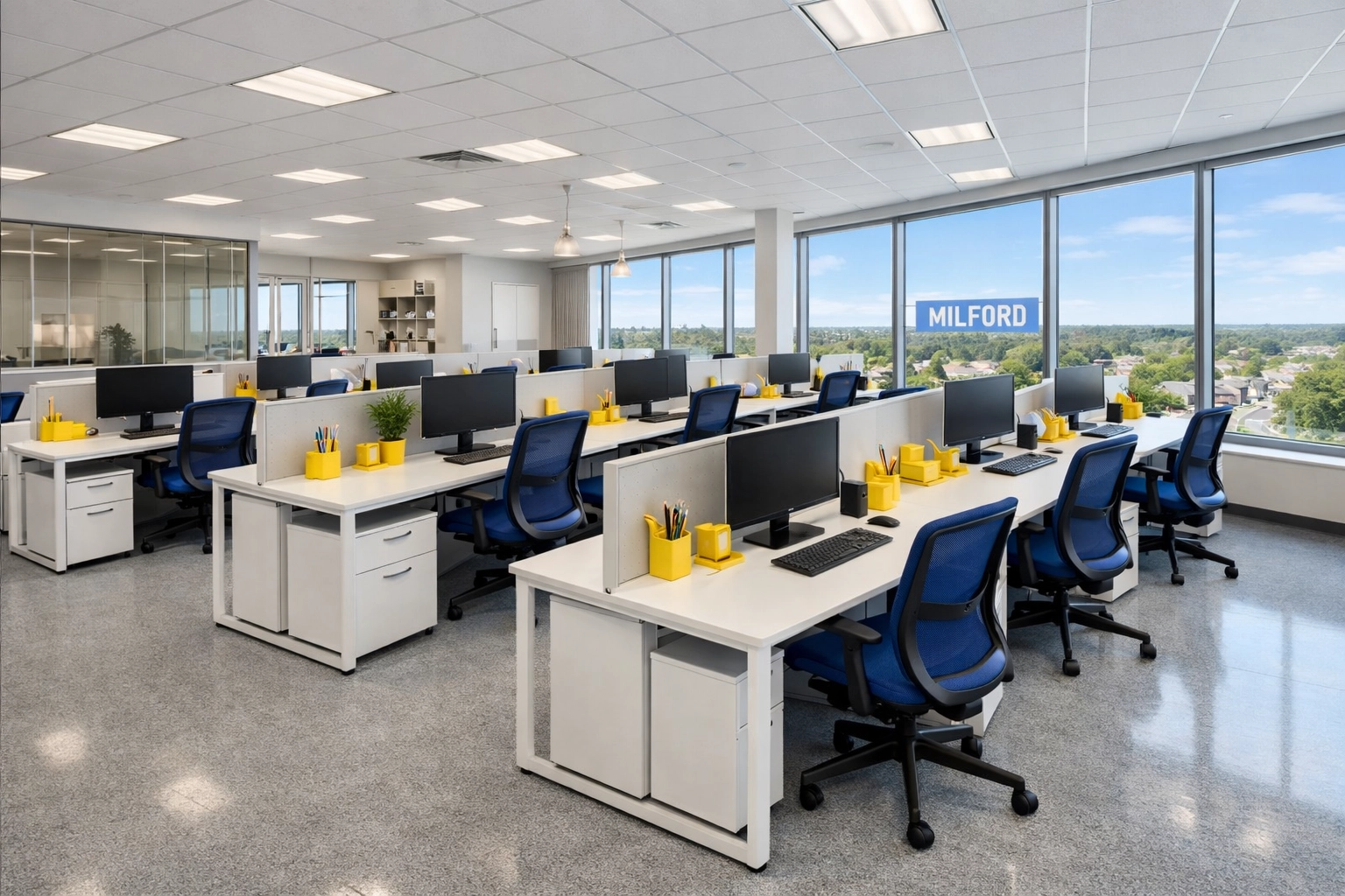 A clean, organized office workspace in Milford, Massachusetts, after a professional service.
