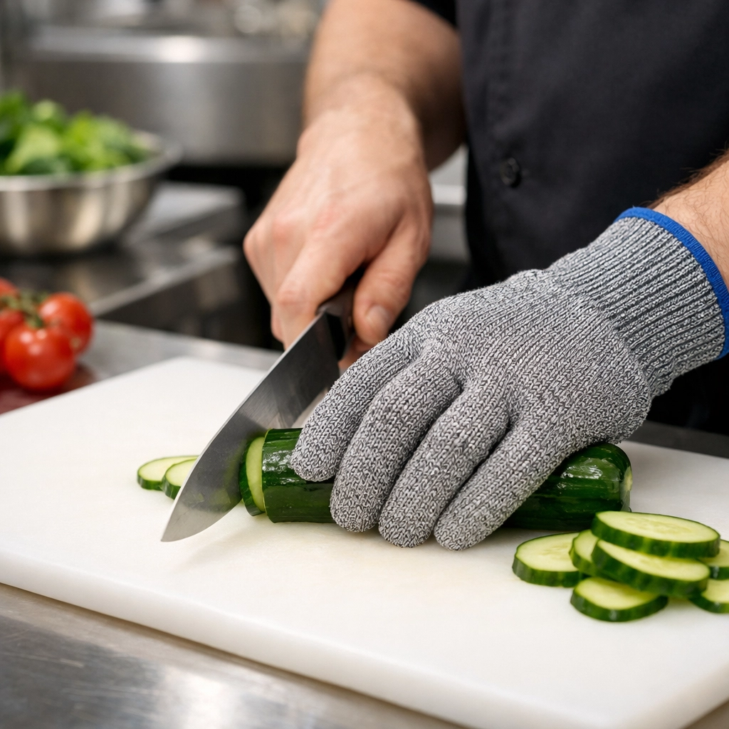 Restaurant employee using cut-resistant glove for safe food preparation in commercial kitchen