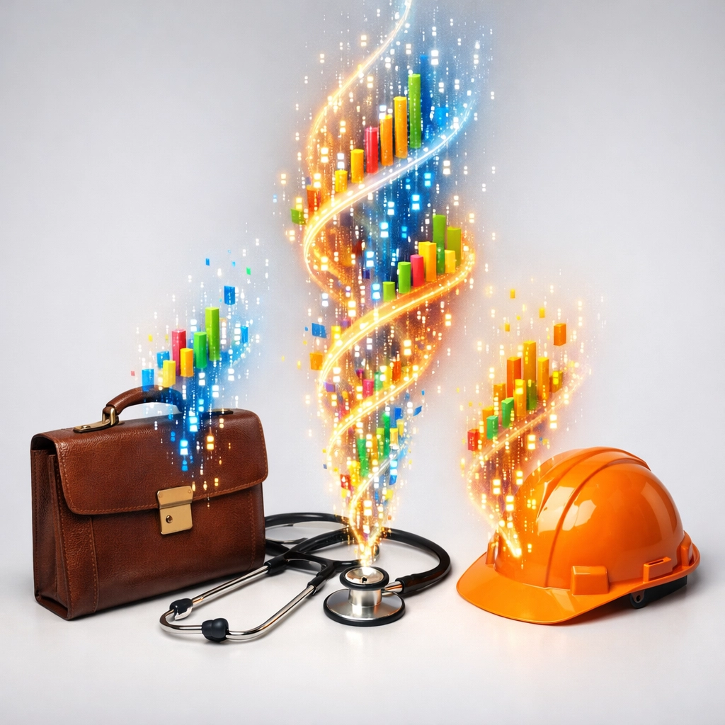 Business, medical, and construction tools transitioning into digital data and AI charts.