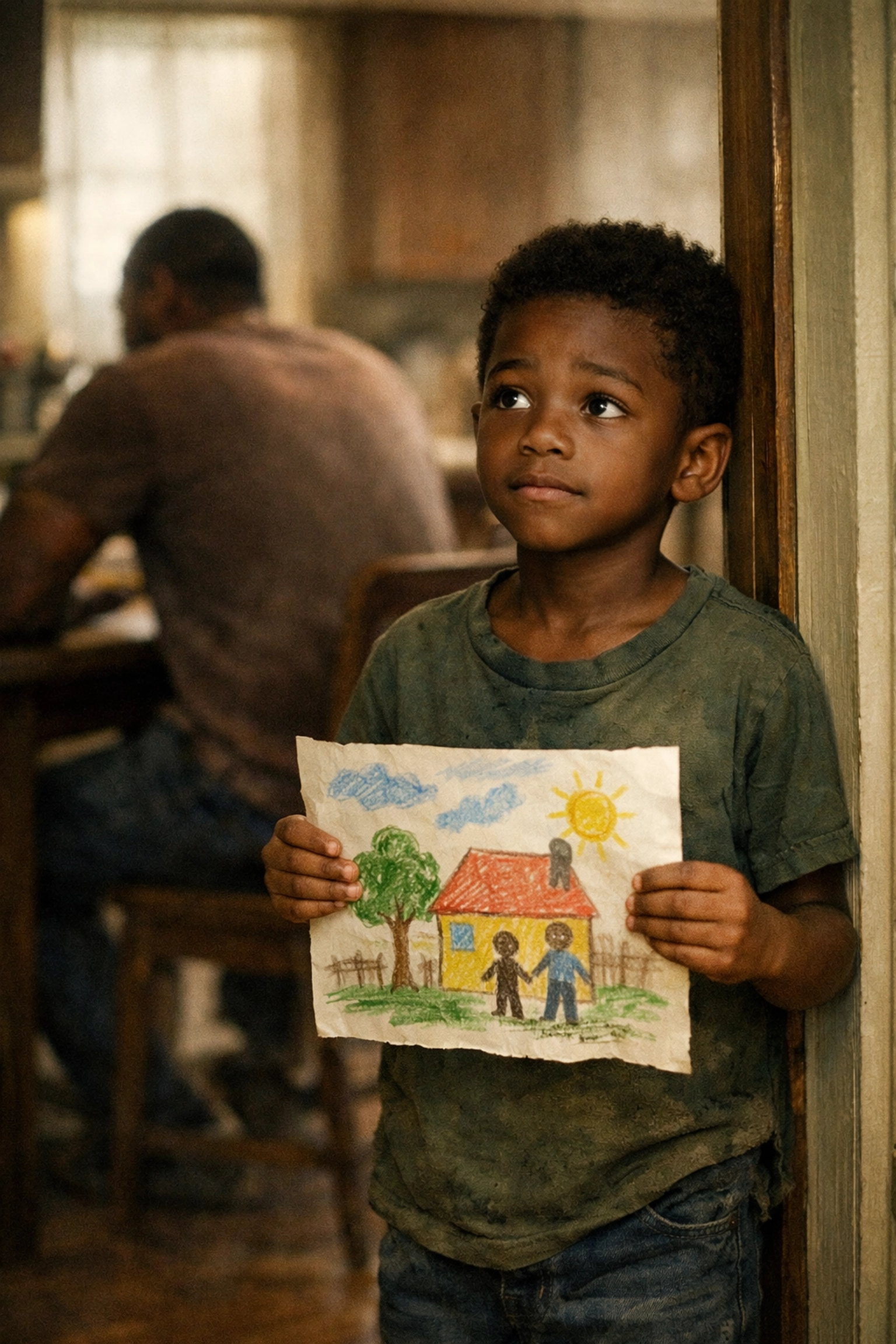 Black child seeking connection while father is emotionally unavailable at home