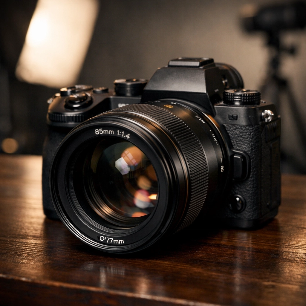 Mirrorless camera and 85mm lens on a studio table, key gear for portrait photography techniques.
