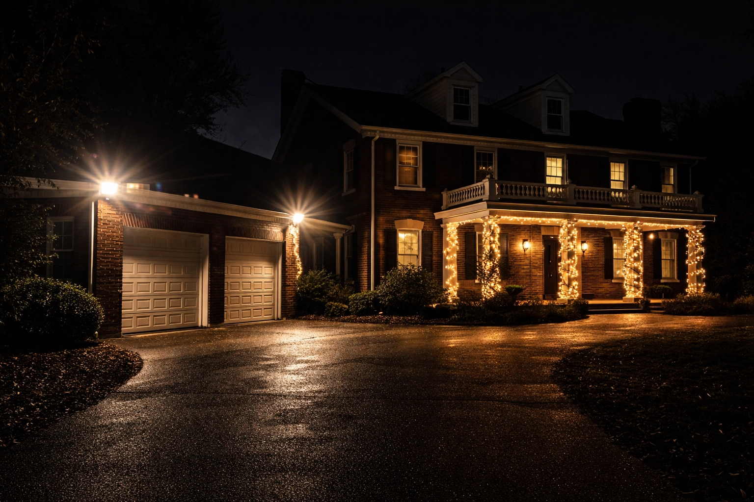 Traditional Kentucky estate at night with outdated outdoor lighting and visible fixtures highlighting cluttered architecture