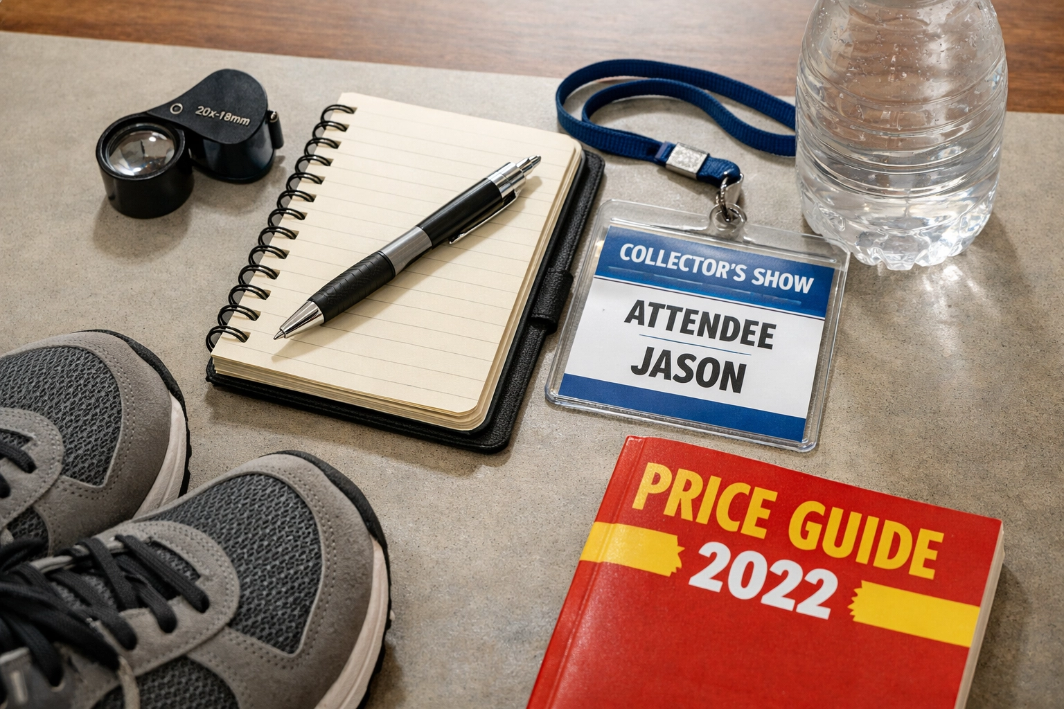 A numismatic collector's toolkit with a magnifying loupe, price guide, and cash for buying coins.