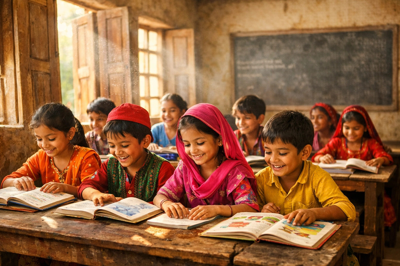 South Asian children learning in rural classroom as part of education access initiative