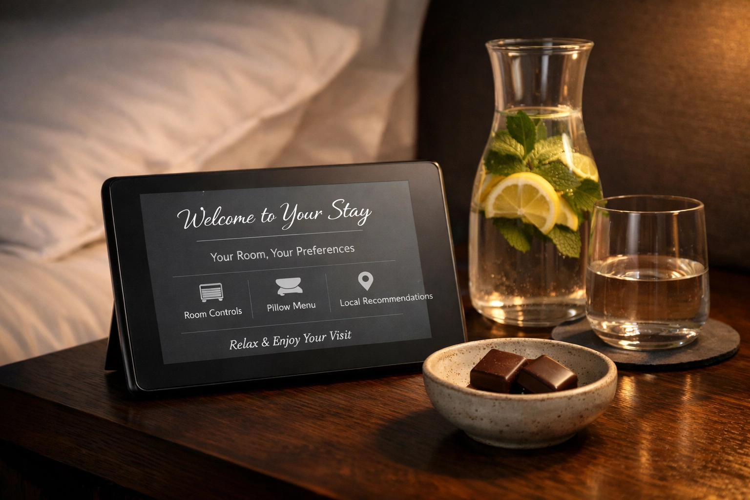 Personalized boutique hotel guest experience featuring a digital tablet and curated amenities on a bedside table.