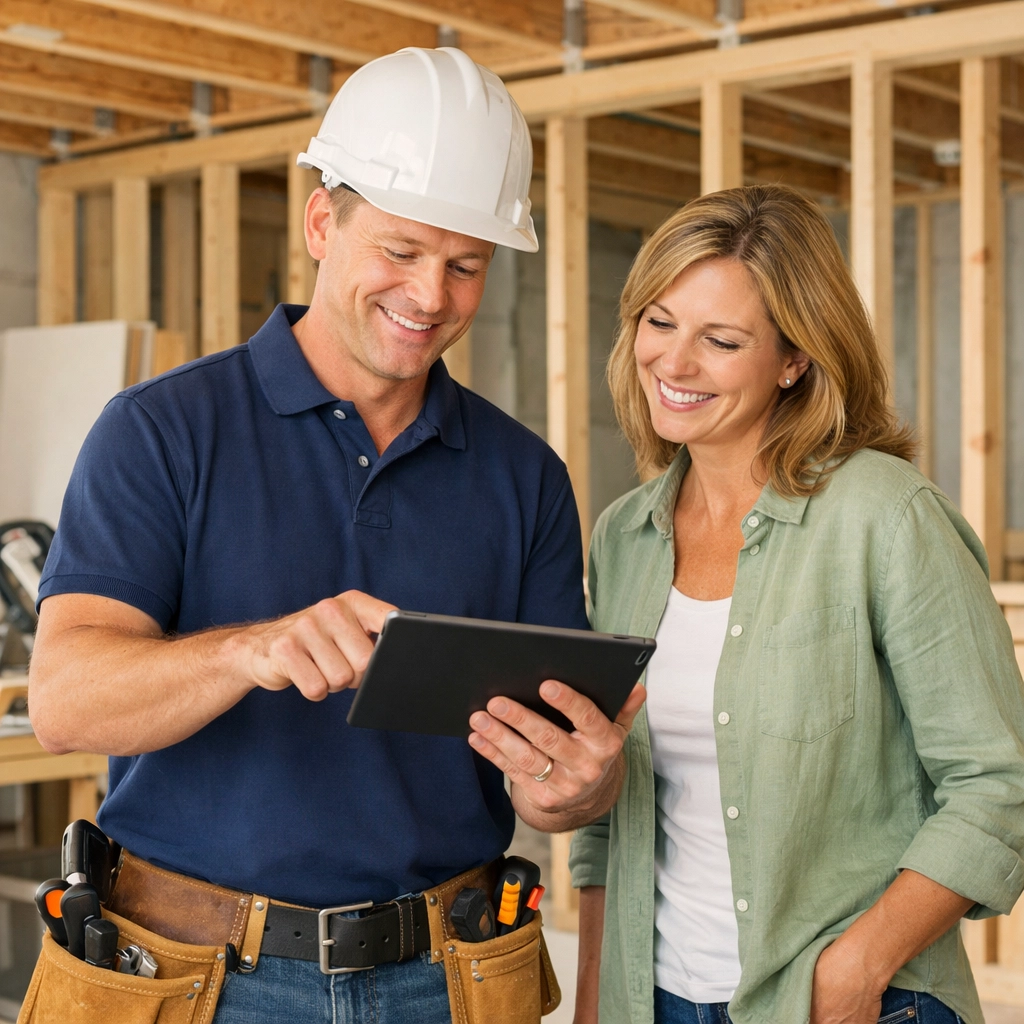 Professional Central Ohio contractor discussing basement remodeling plans with a homeowner.