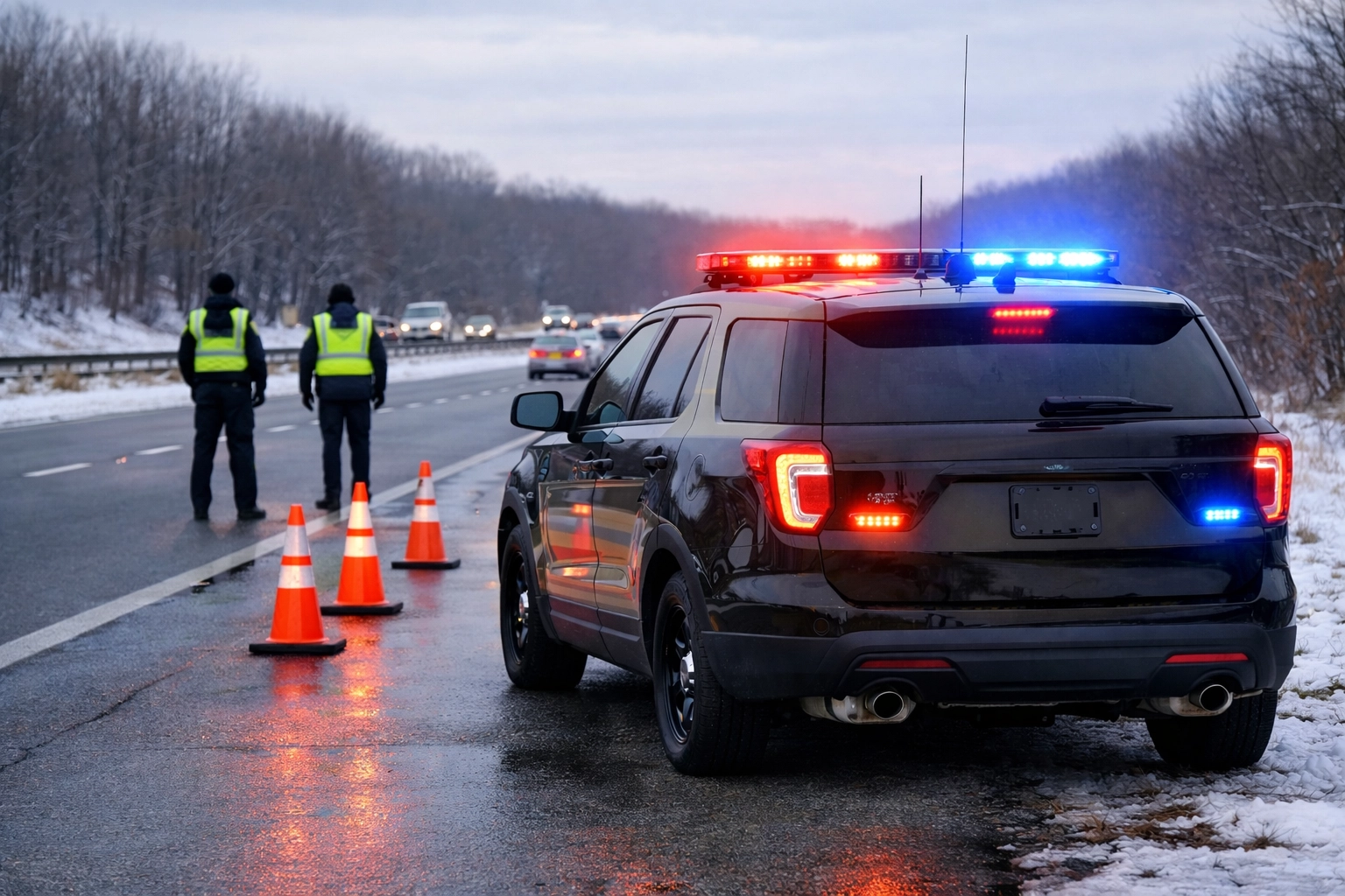 Maryland state police vehicle positioned on a winter roadway during an afternoon public safety response