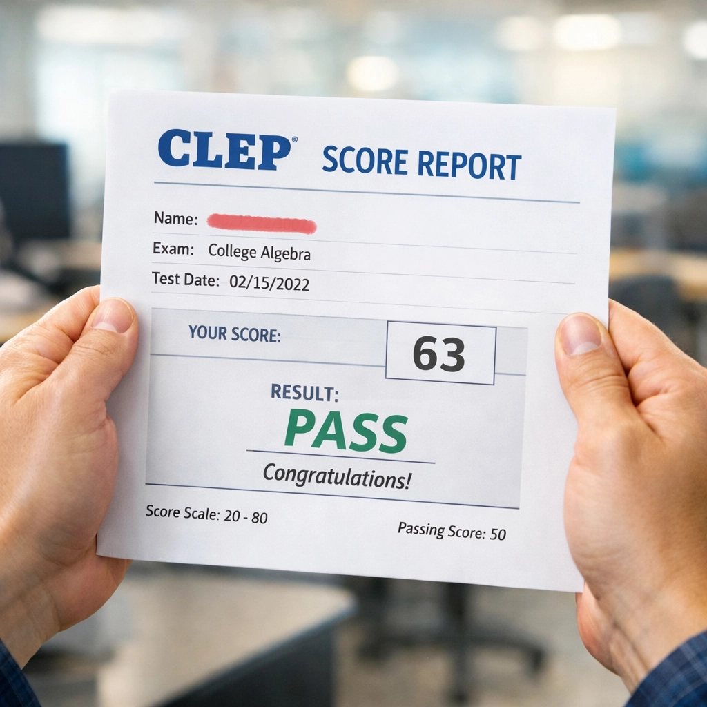 Student holding passing CLEP exam score report showing successful test results (1x1, center safe zone)