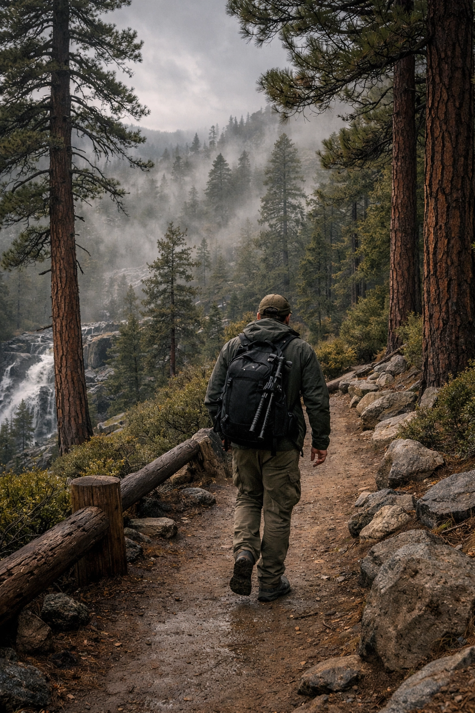 A photographer with gear hiking a scenic forest trail near Eagle Falls at Lake Tahoe during misty weather.