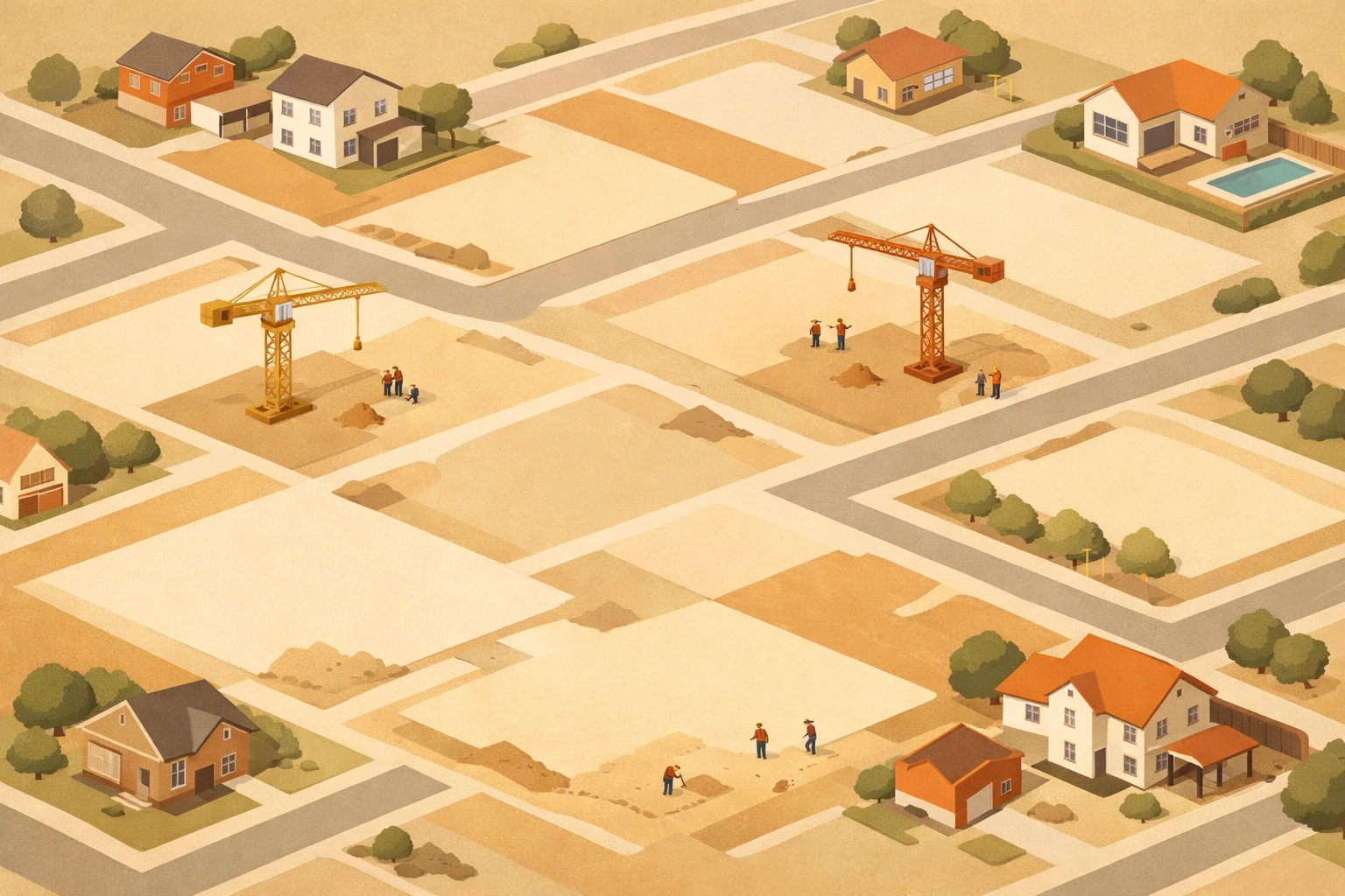 Aerial view of housing supply shortage with empty lots and limited new construction