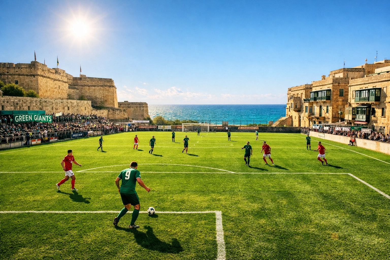 A football match in Floriana surrounded by ancient limestone fortifications and the Mediterranean Sea.