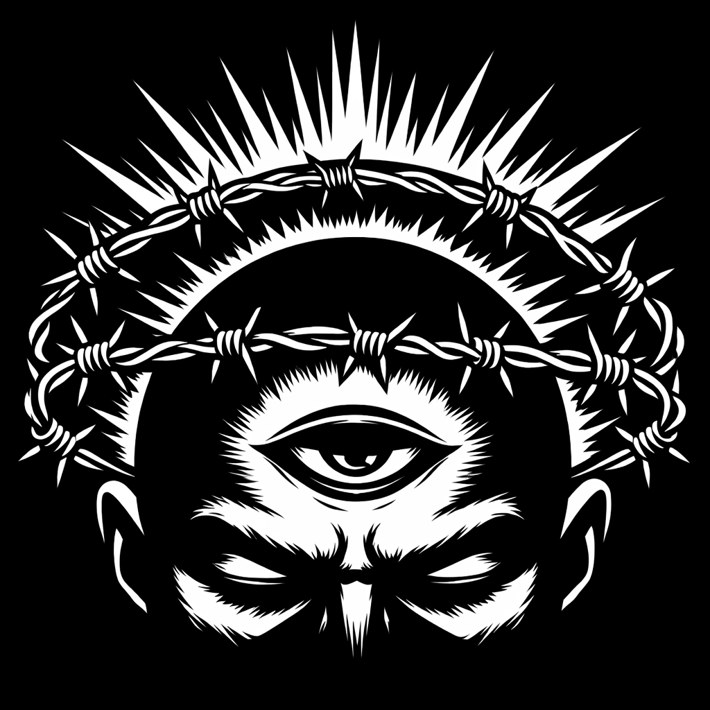 Edgy monochrome illustration of a third eye glaring from a barbed wire halo, perfect for people who hate people.