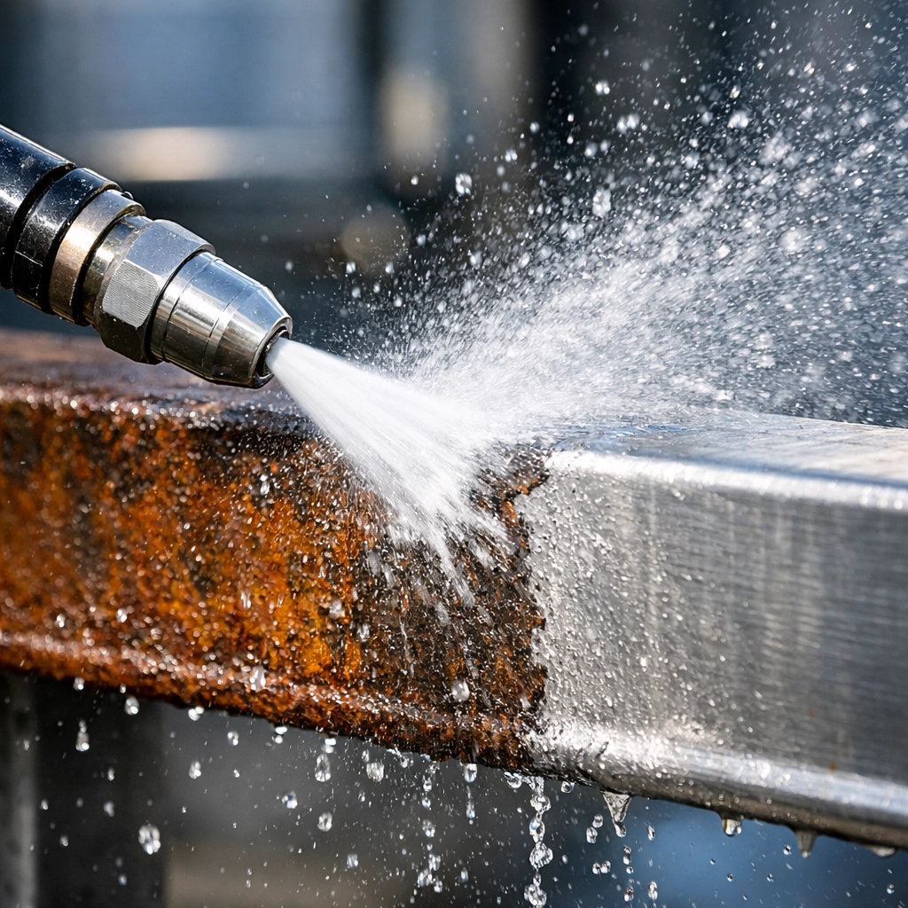 Industrial high pressure water jetting nozzle cleaning steel for site labour hire solutions.