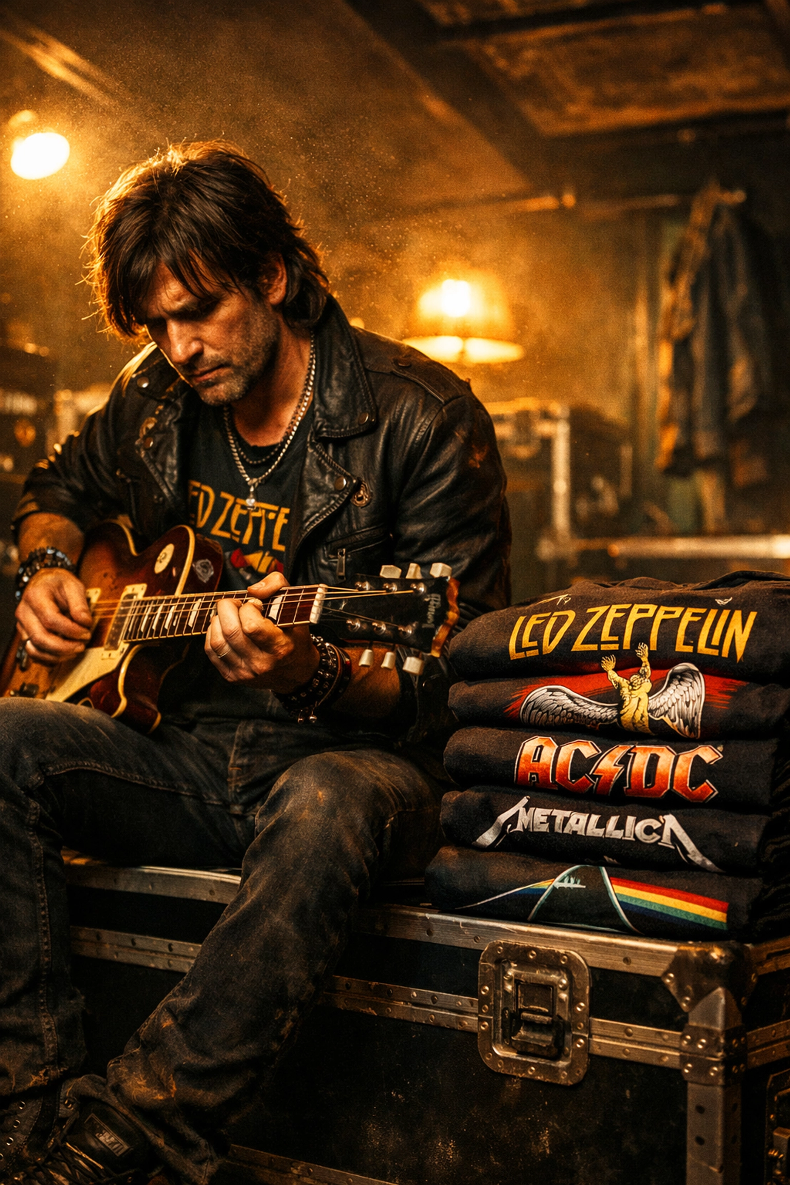 Rock musician backstage with official band t-shirts, supporting artists through licensed merchandise.