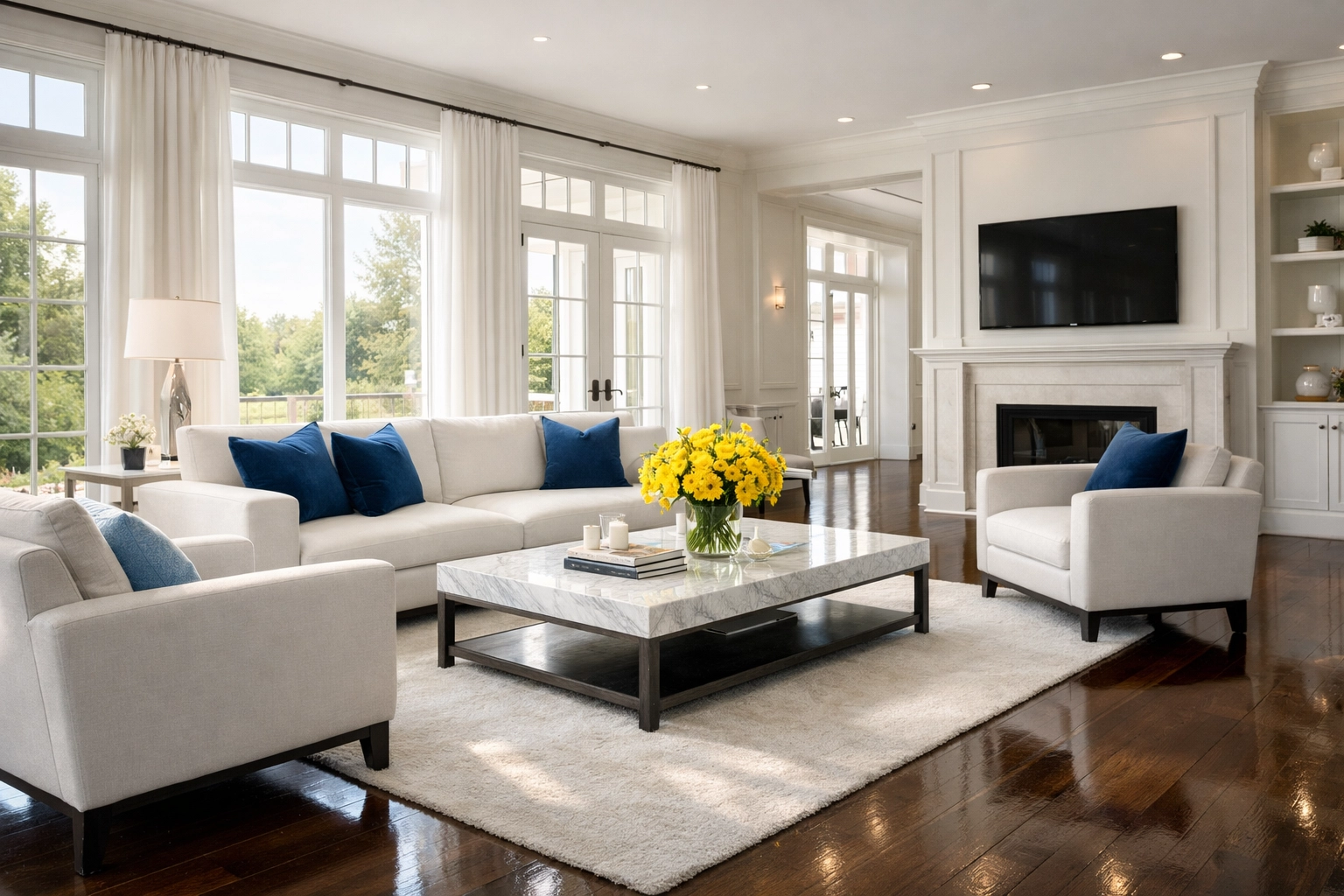 Sun-filled living room with polished floors after professional house cleaning in Winchester MA.