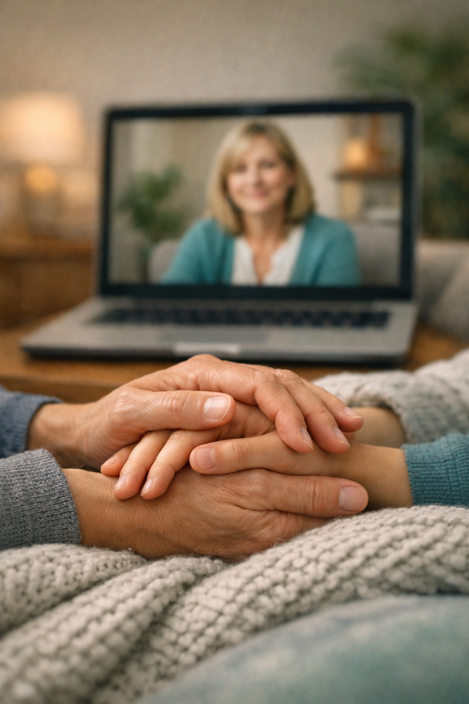 A parent and teenager connect with a therapist during an online family therapy session on a laptop.