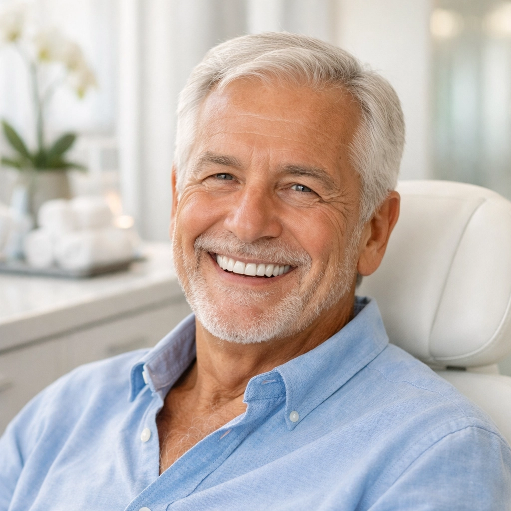 A smiling senior in a dental clinic reflecting the benefits of comprehensive health and dental insurance.