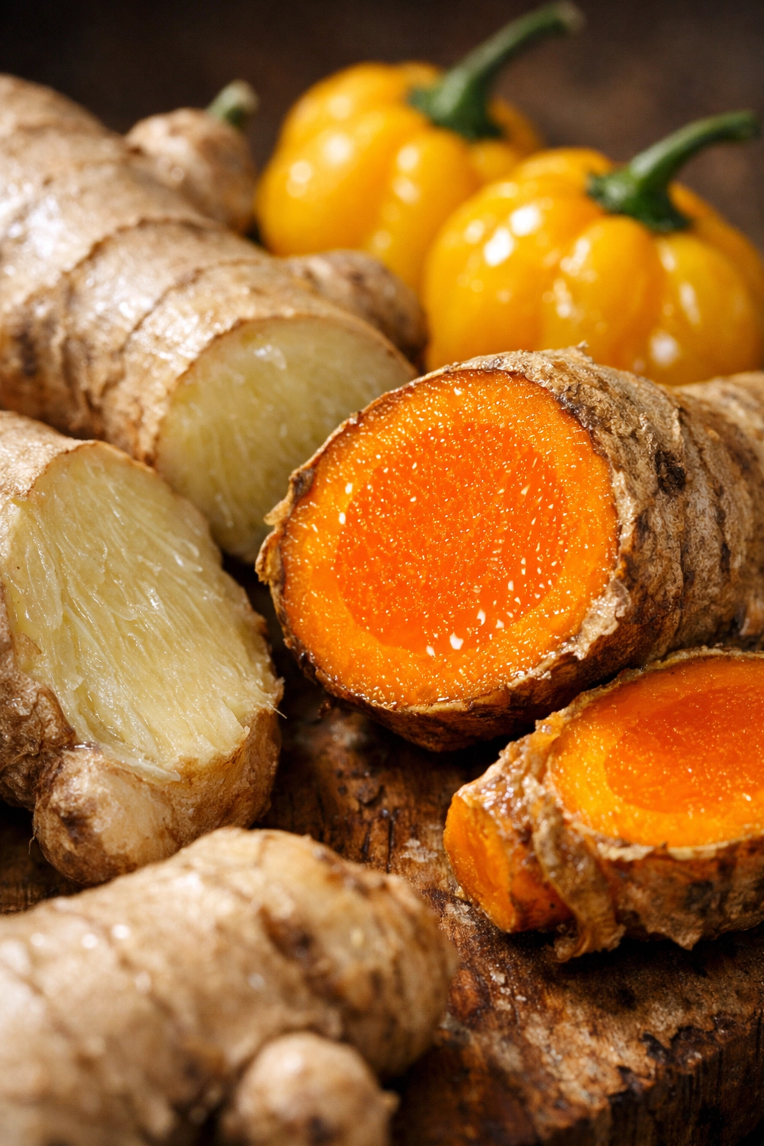 Close-up of fresh organic turmeric and ginger roots with yellow scotch bonnet peppers for healthy cooking.