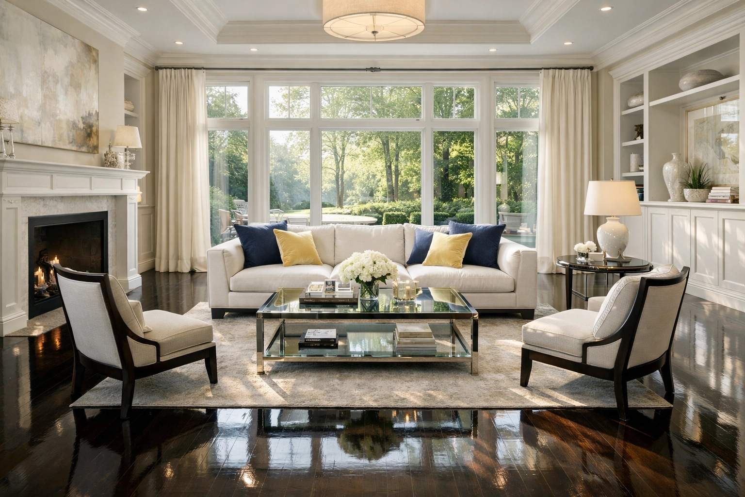 Immaculate living room in a Wellesley estate after professional cleaning services near me in MA.