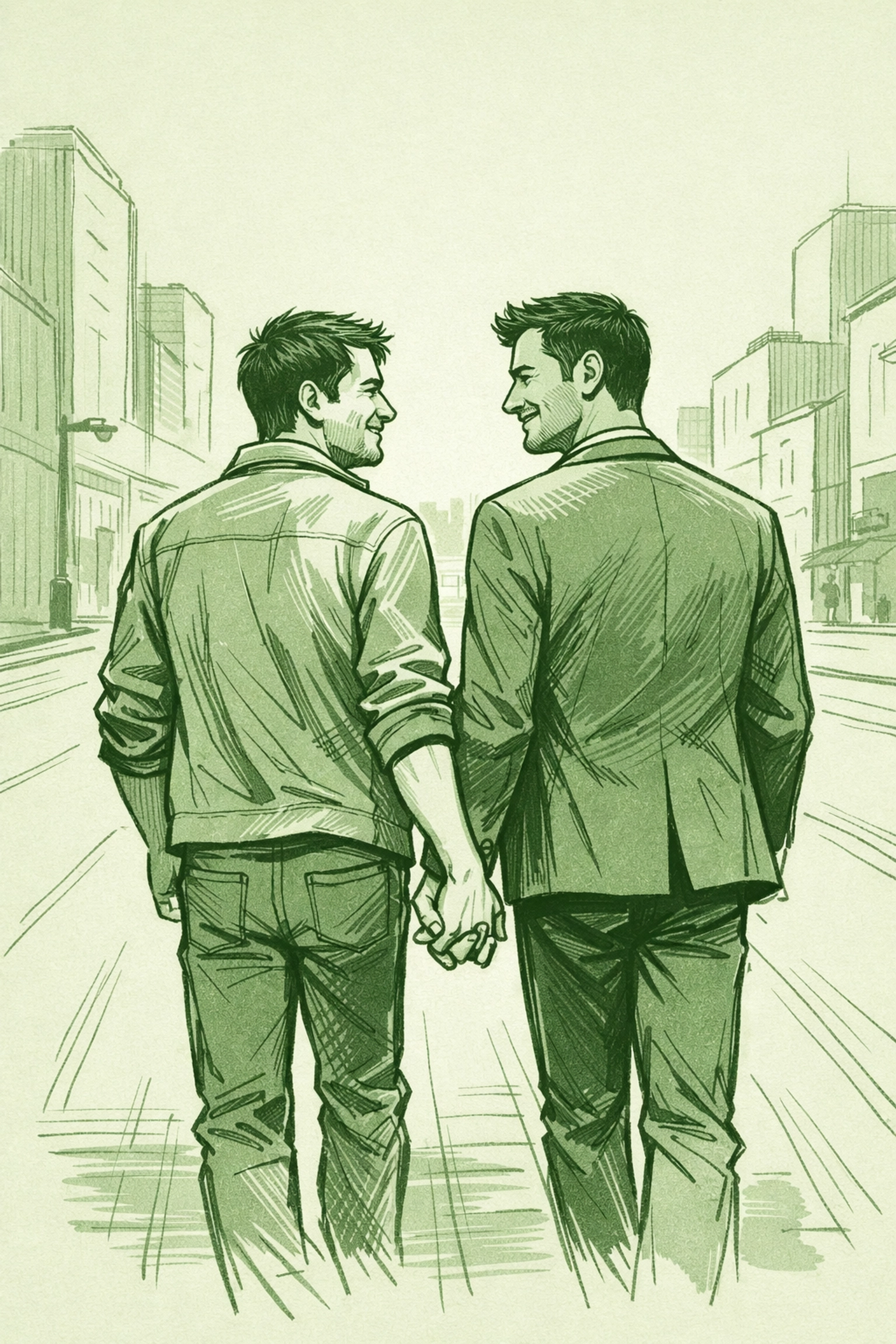 Two men holding hands on a city street, symbolizing LGBTQ+ community support for non-binary life