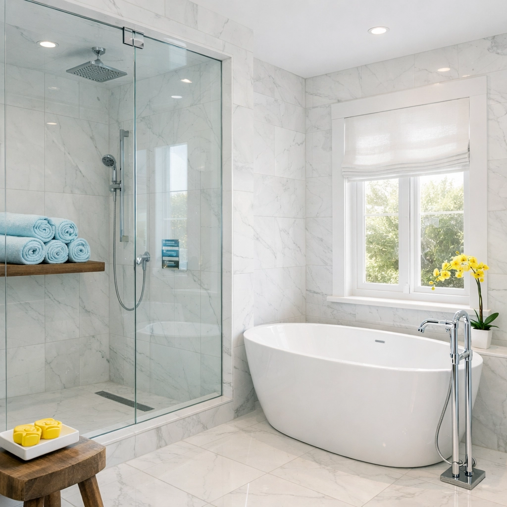 A sparkling clean bathroom in Westborough after a professional weekly house cleaning service.