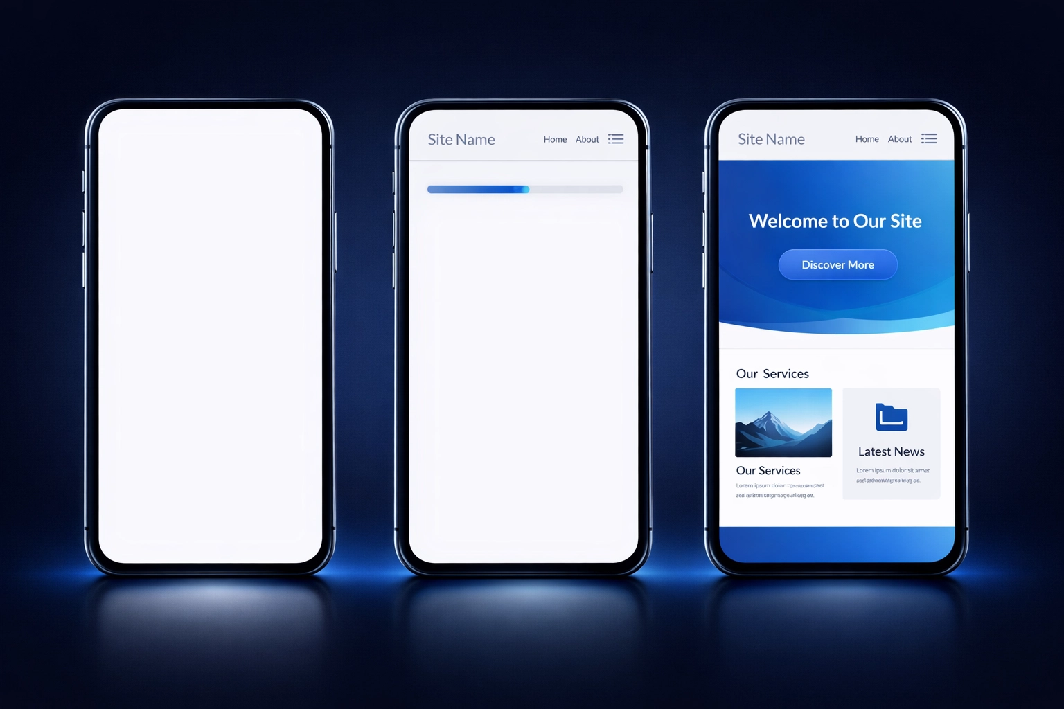 Website loading sequence from blank screen to fully loaded page showing perceived speed delay
