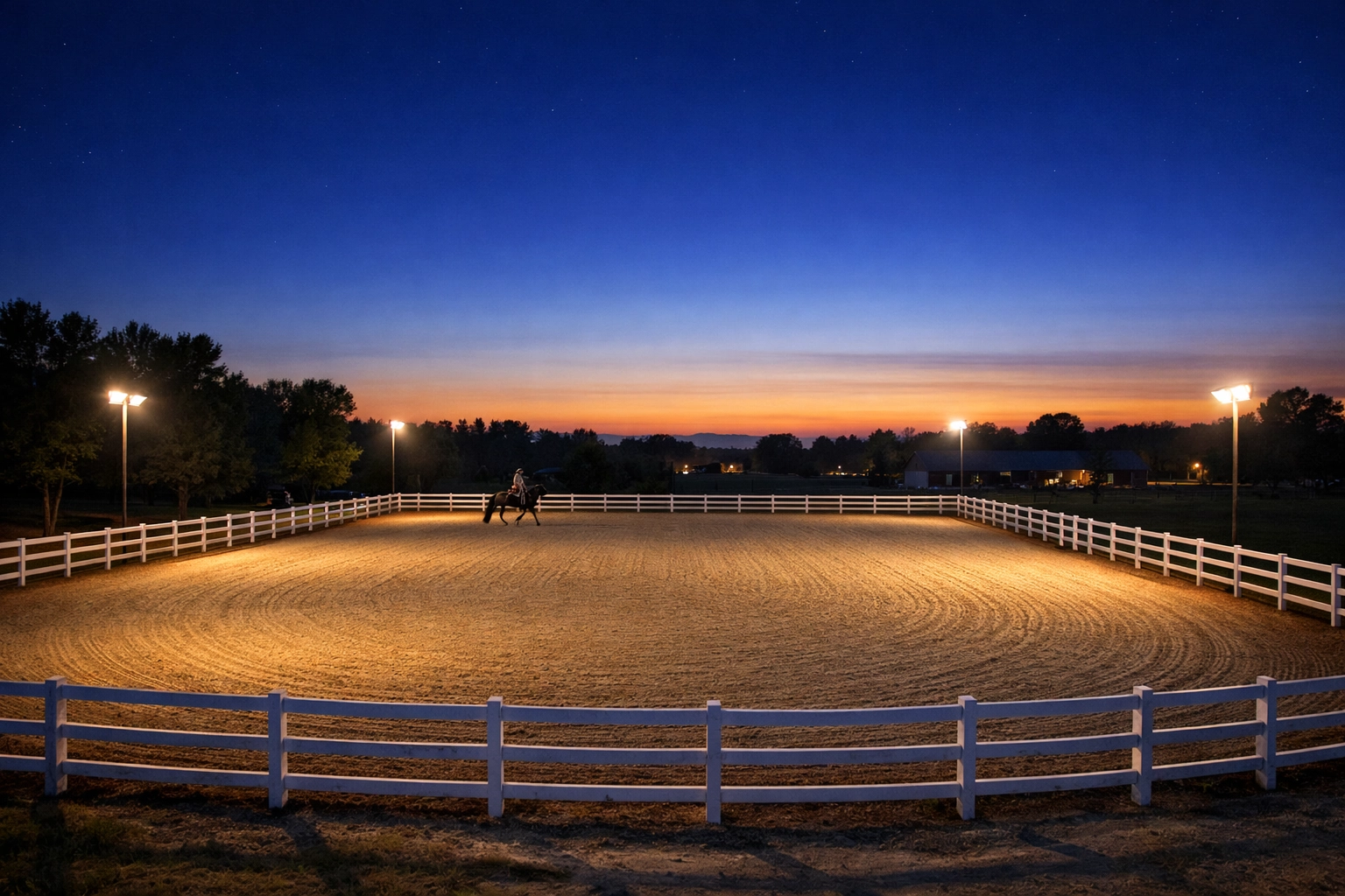 Lighted outdoor riding arena at Waxhaw equestrian property with rider training at dusk