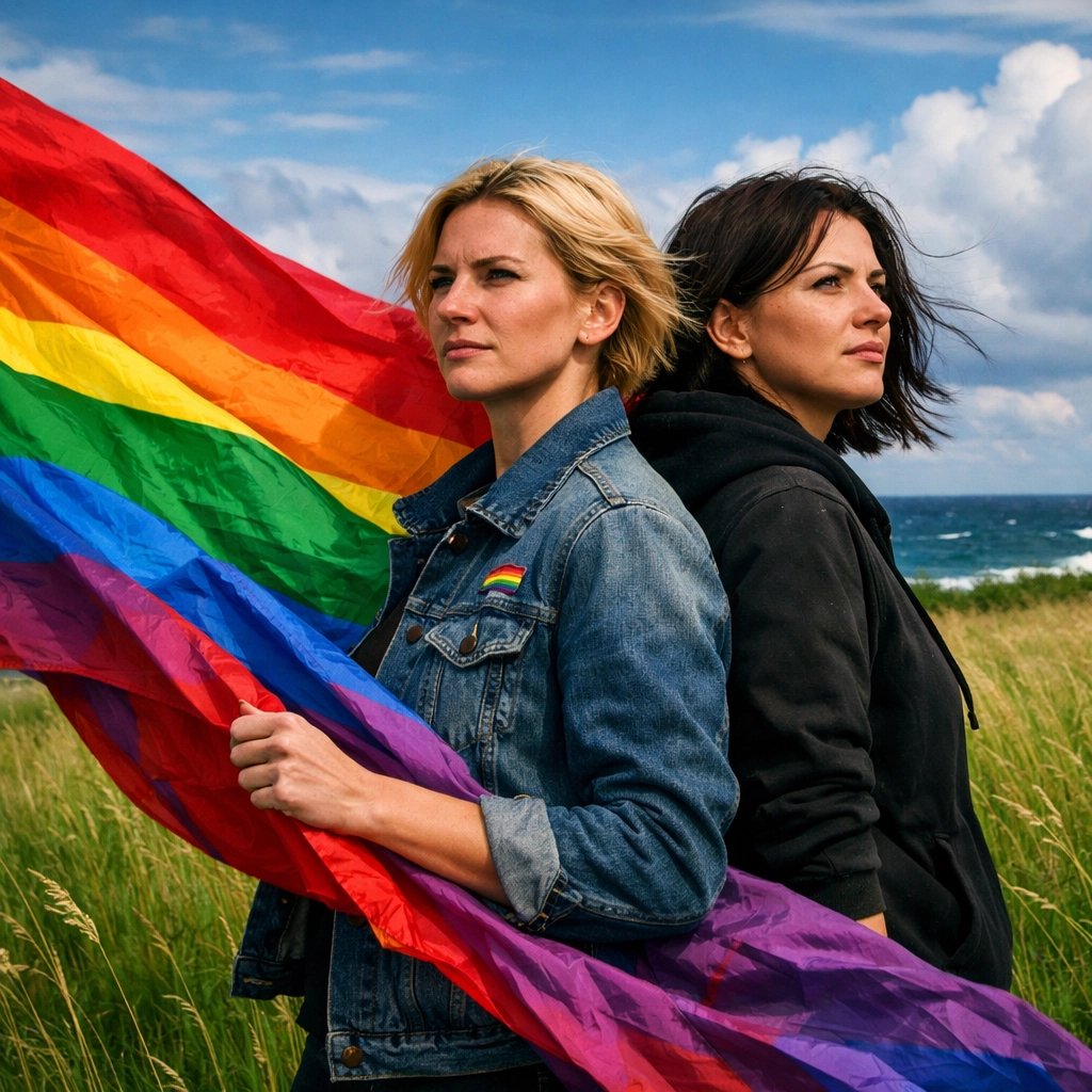 Two women holding a pride flag in a Baltic coastal meadow, representing LGBTQ+ activism and progress.