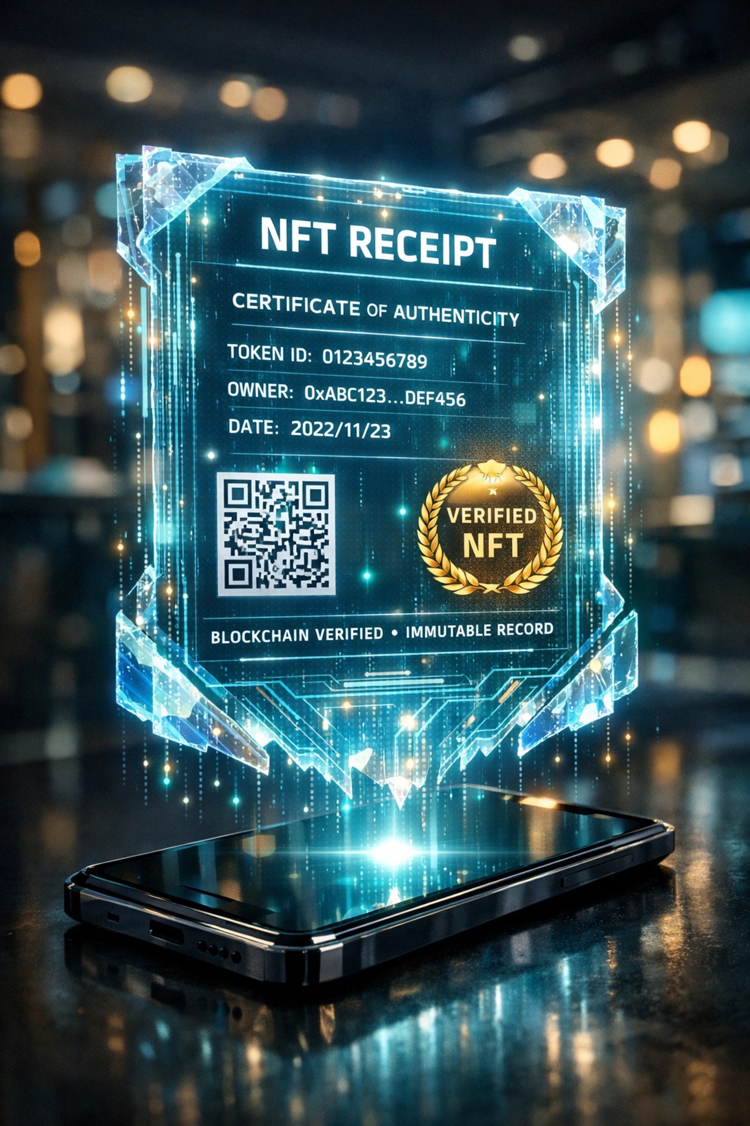 Digital holographic NFT receipt for transparent merchant accounting and secure Web3 global payment records.