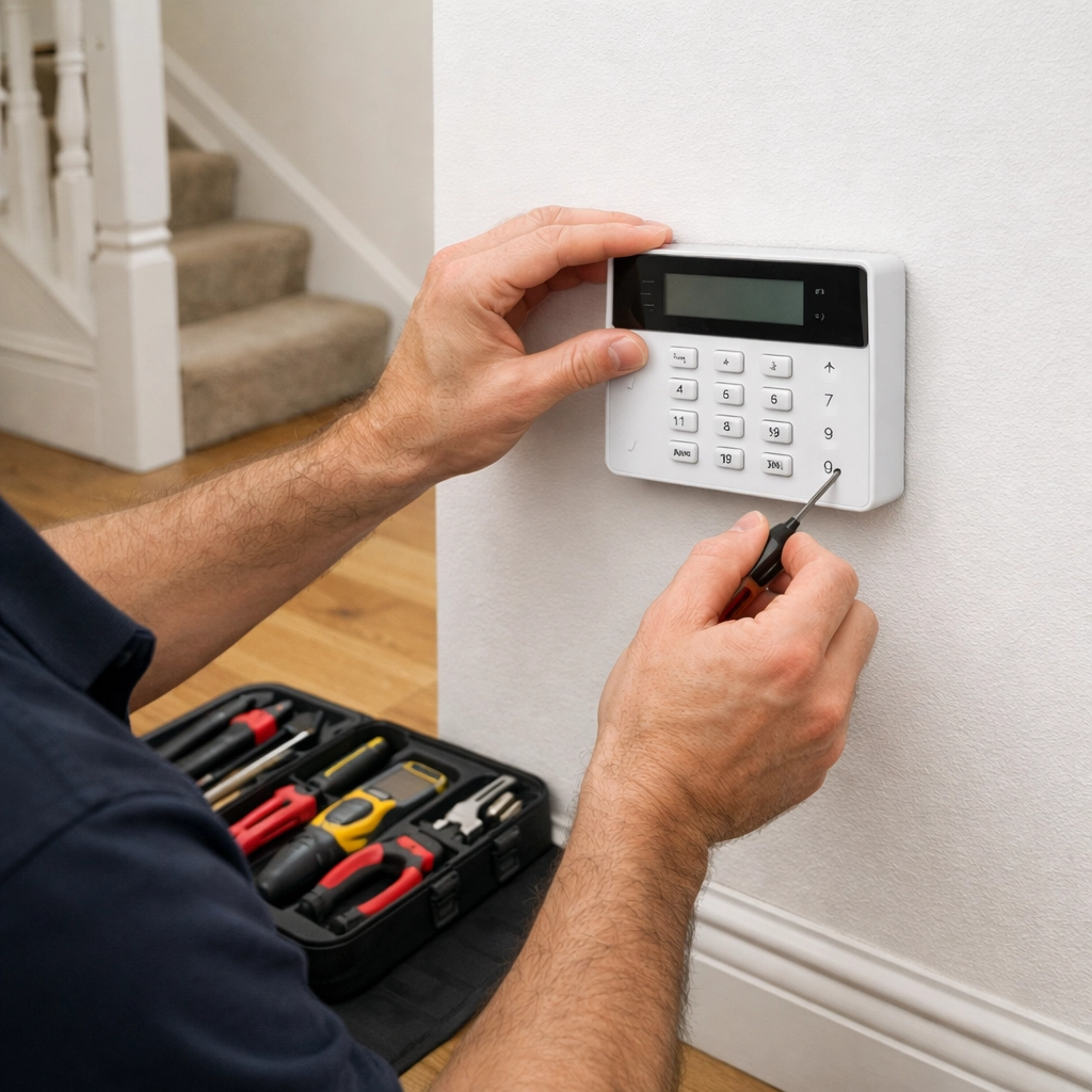 Professional intruder alarm installation in Evesham showing a technician fitting a digital security keypad.