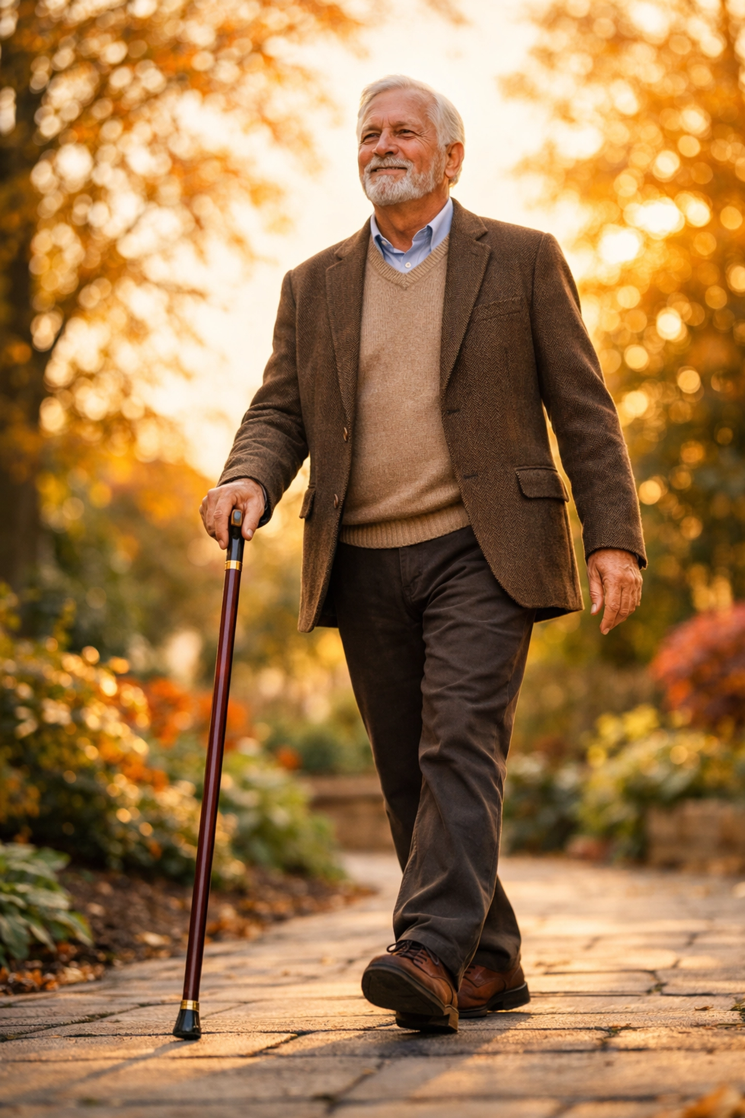 An active senior man using a mobility aid walking cane to stay independent and safe while outdoors.