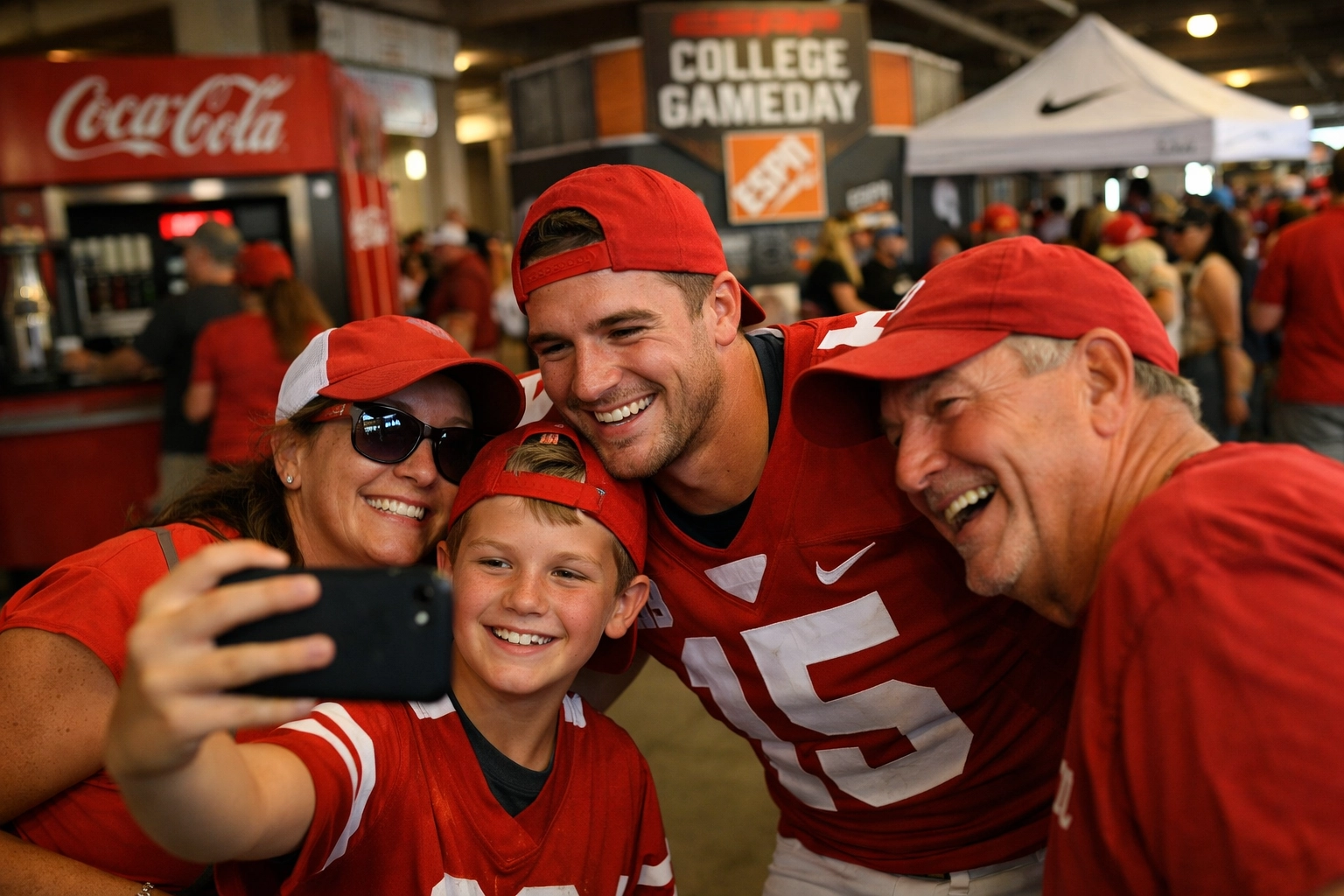 College athlete engaging with fans at stadium during NIL brand activation event