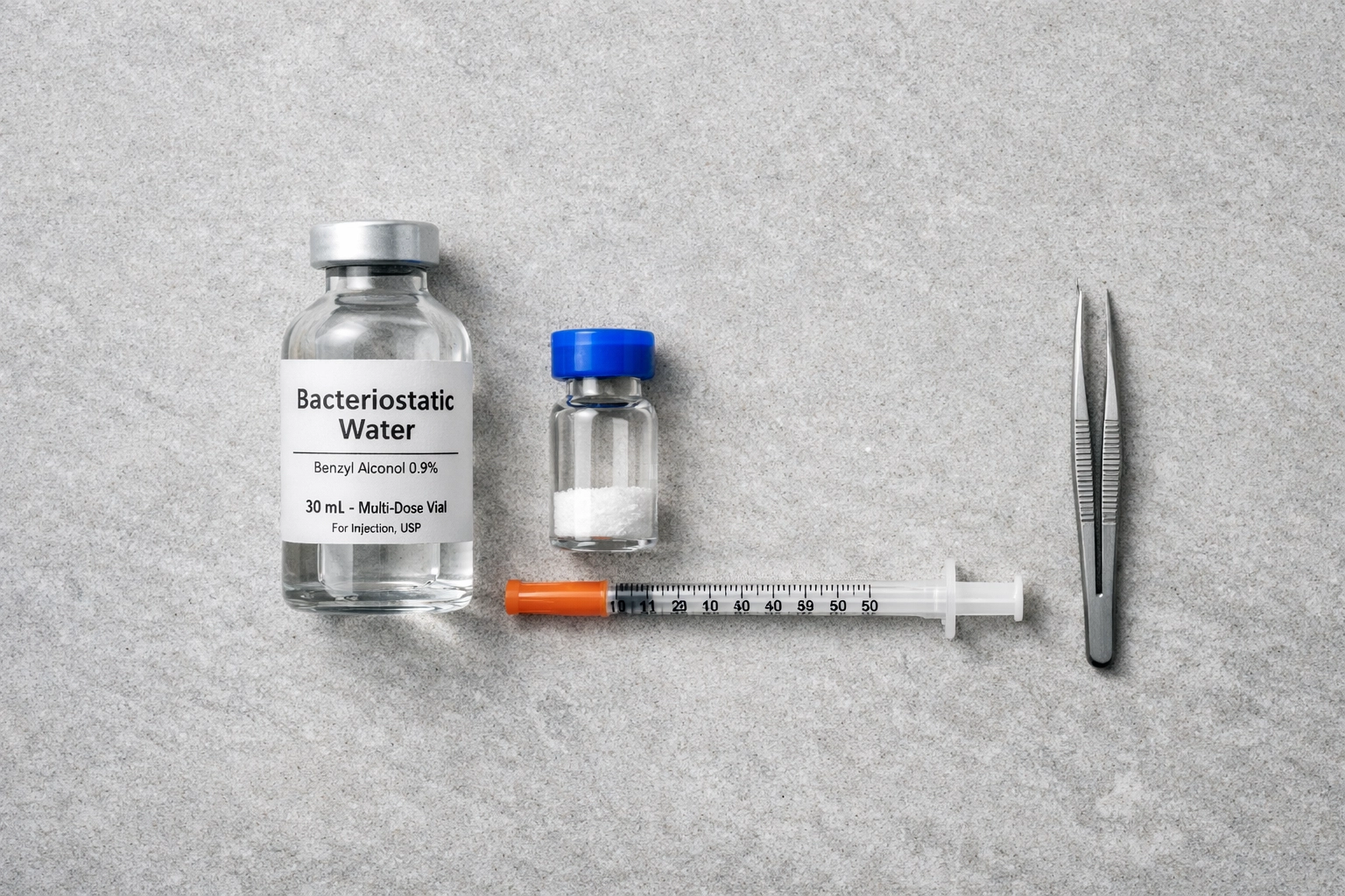 Tanning peptide research supplies featuring a sterile vial, bacteriostatic water, and measurement tools.