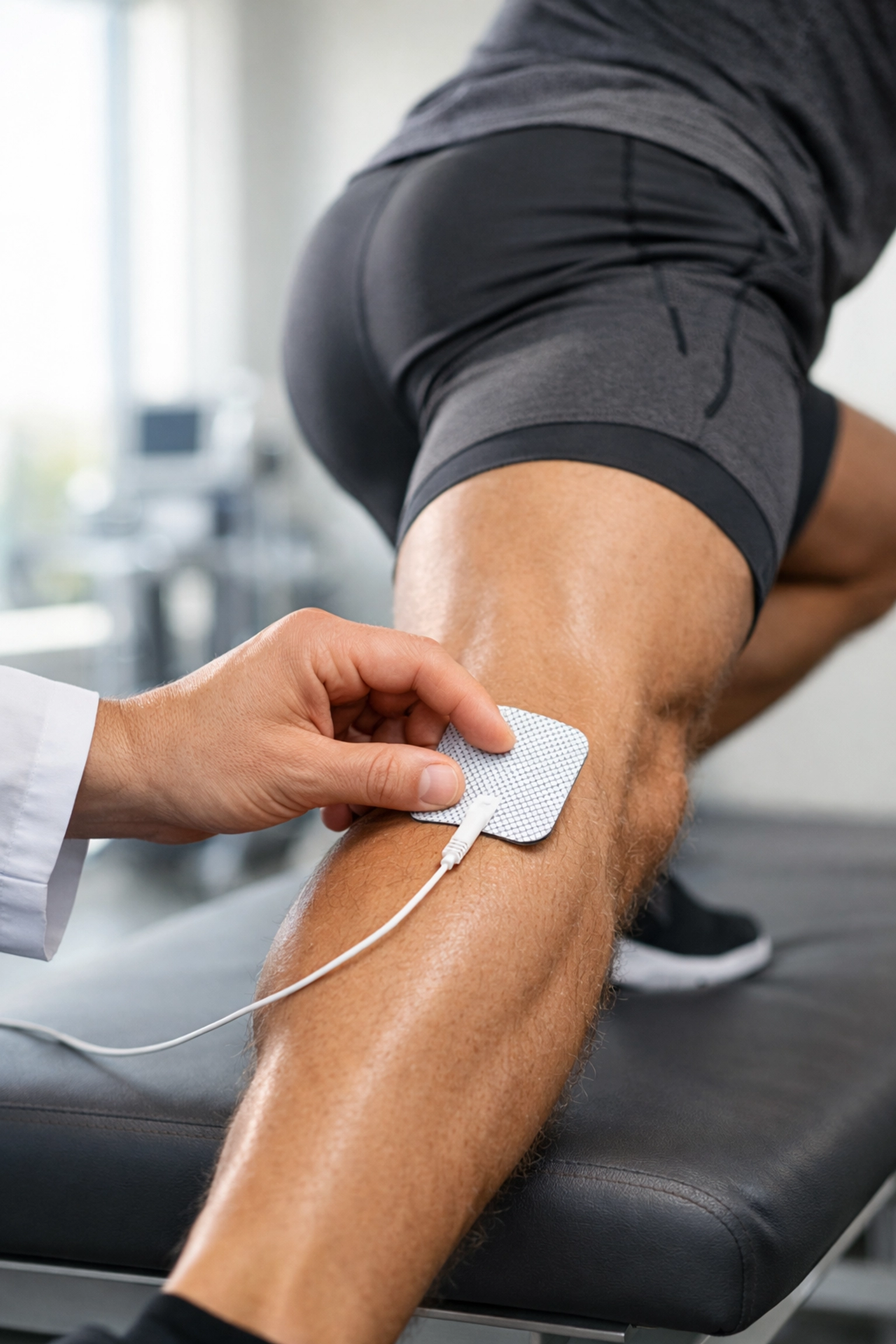 Specialist applying an ARP Wave Therapy electrode to an athlete's calf for neurological sports injury recovery.