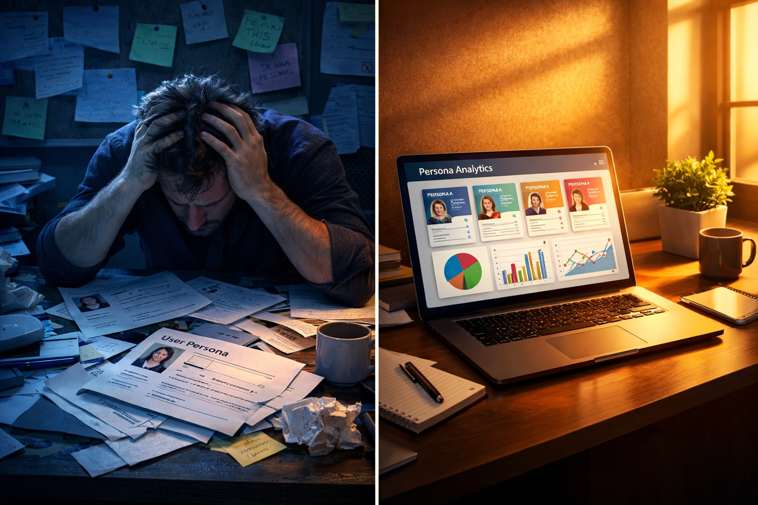 Manual buyer persona templates vs data-driven persona creation showing workflow comparison