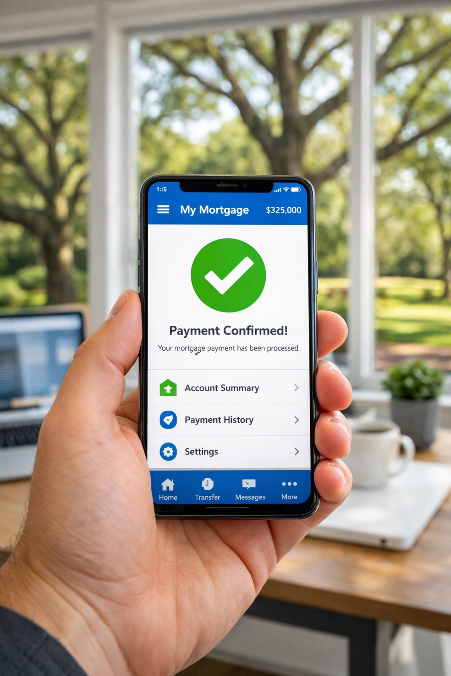 Banking app showing a confirmed lower mortgage payment in a bright North Carolina home office.