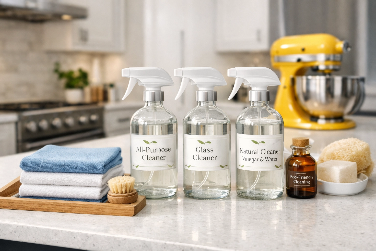 Eco-friendly house cleaning Cambridge MA supplies on a clean white quartz kitchen counter.