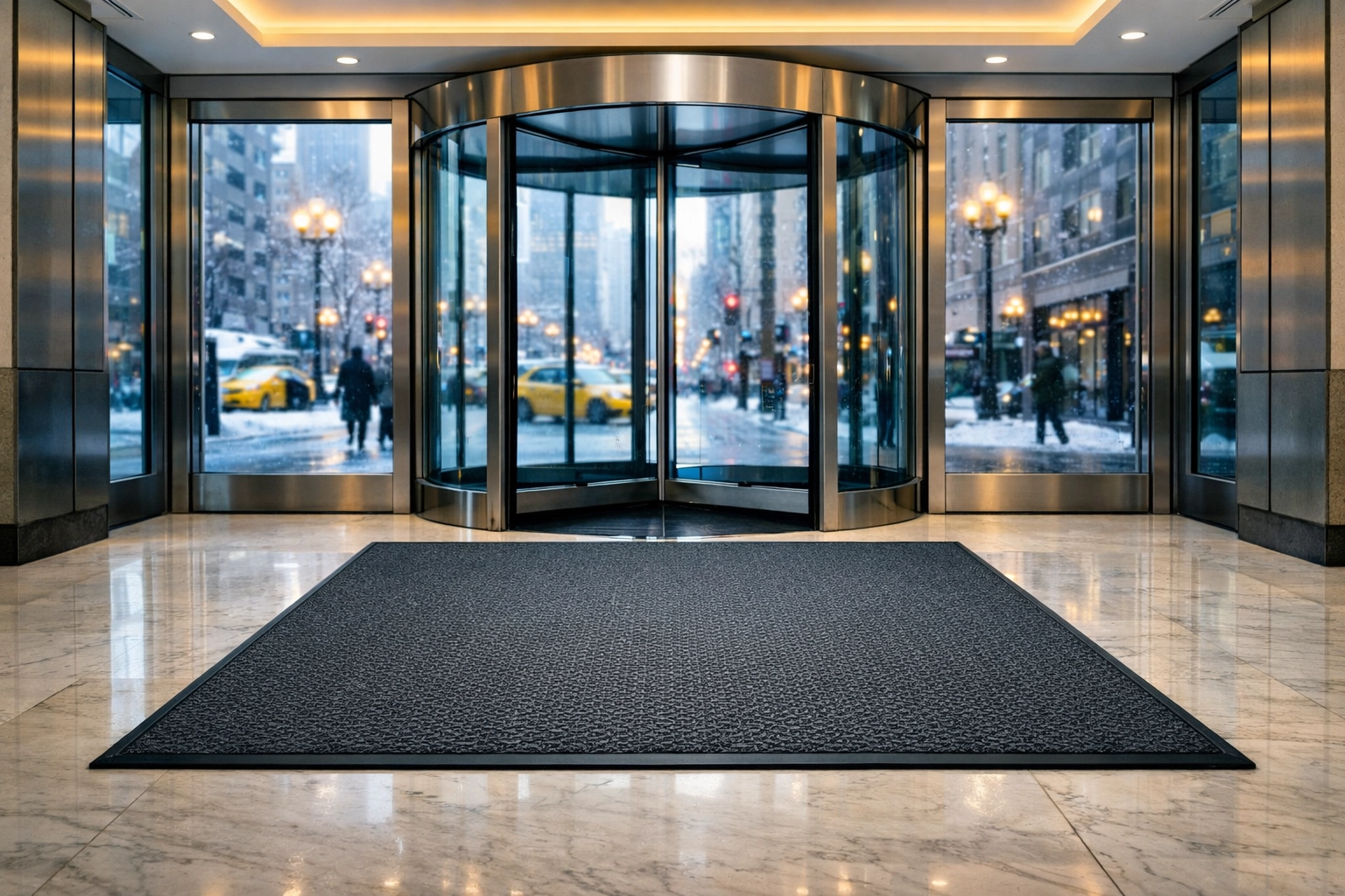 Clean Chicago office lobby in winter with heavy-duty entryway mats to protect marble floors from salt.