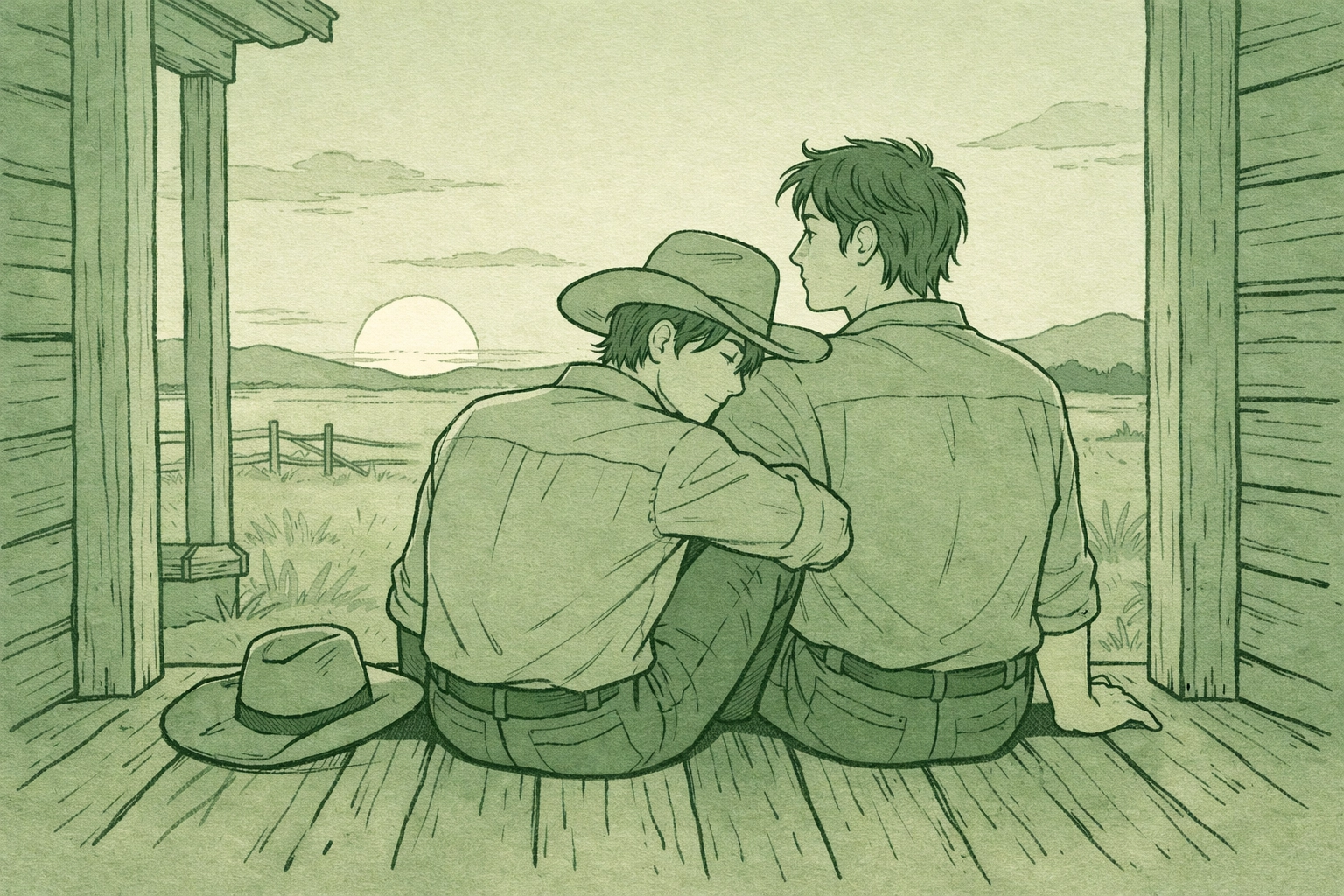 Step-brother romance on Western ranch porch at sunset - gay historical fiction