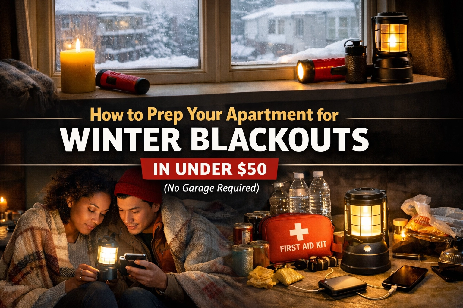 Image of winter window with candles and flashlights on the ledge; a couple huddled under a blanket and reading using an LED lantern; a group of emergency gear featuring water bottles, first aid kit, small power banks and an LED light How to Prep Your Apartment for Winter Blackouts in Under $50 (No Garage Required)