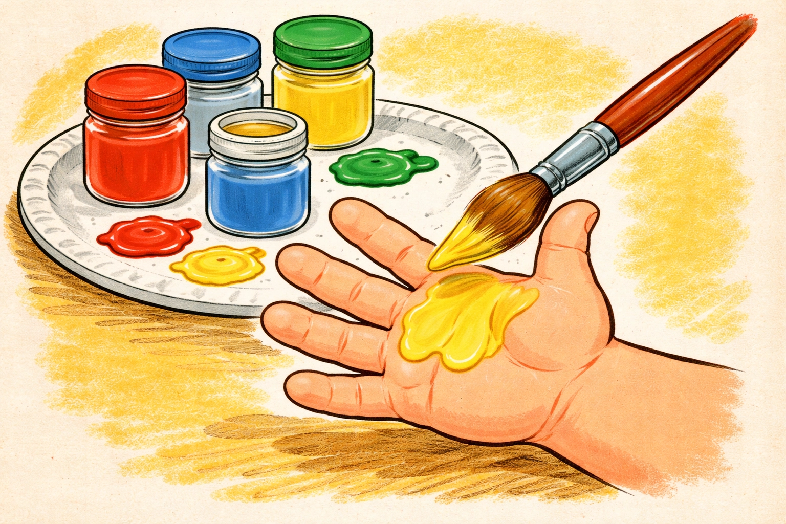A close-up of a child's hand being painted yellow with a brush, ready to stamp a handprint animal.