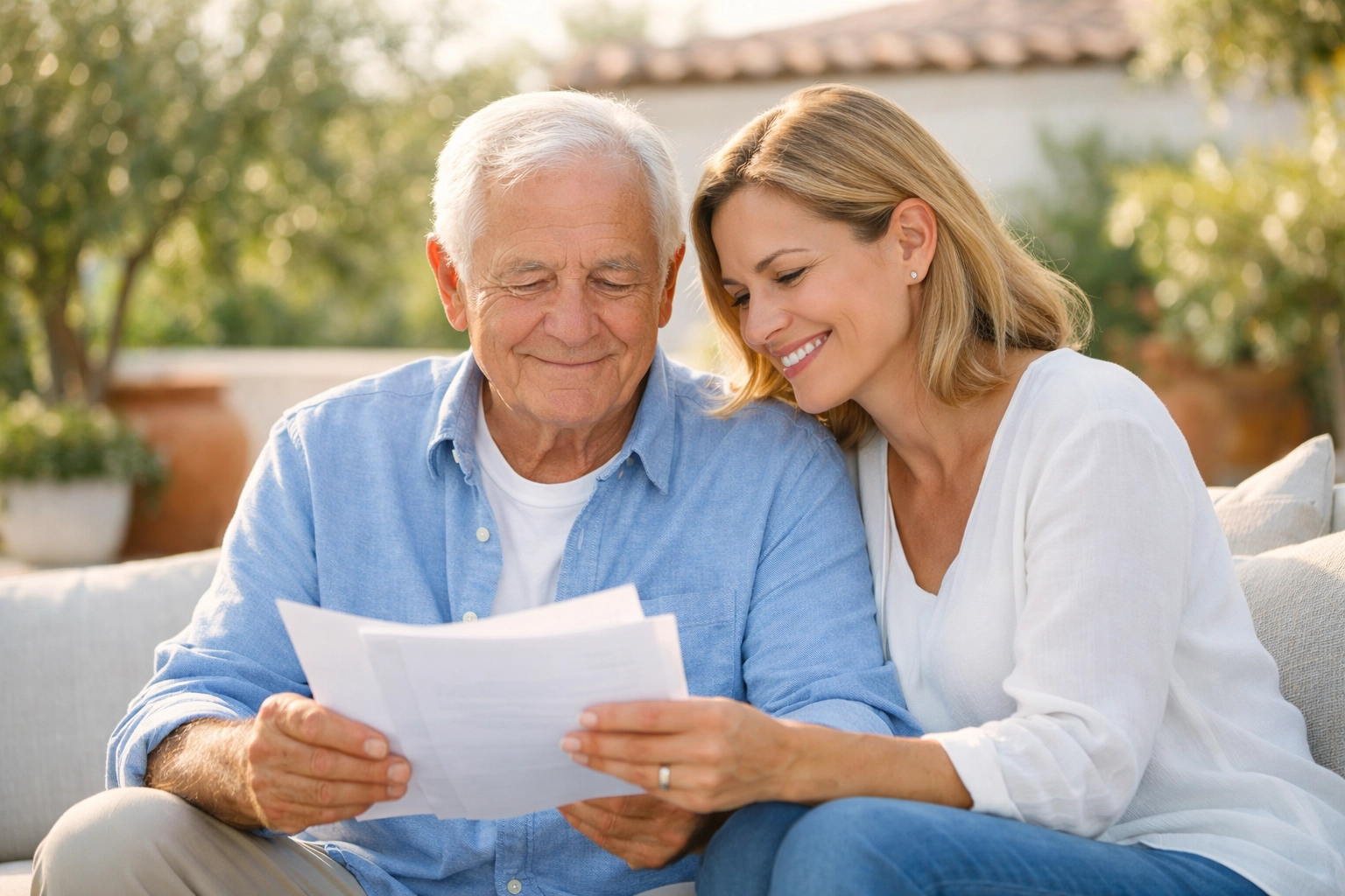 Adult daughter helping her father review Medi-Cal share of cost documents to manage their health coverage.