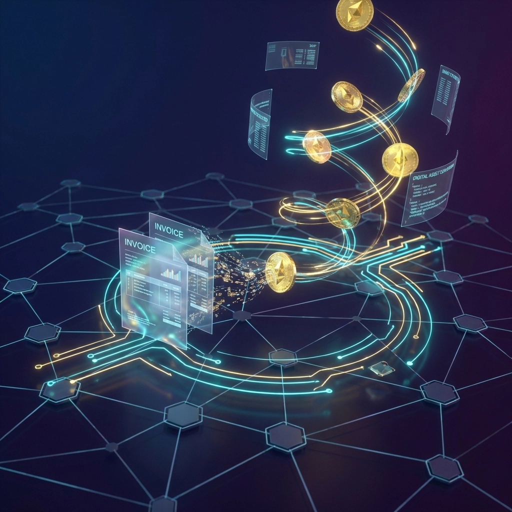 Blockchain network visual showing digital invoices turning into crypto tokens, representing receivables tokenization for Web3 payments.